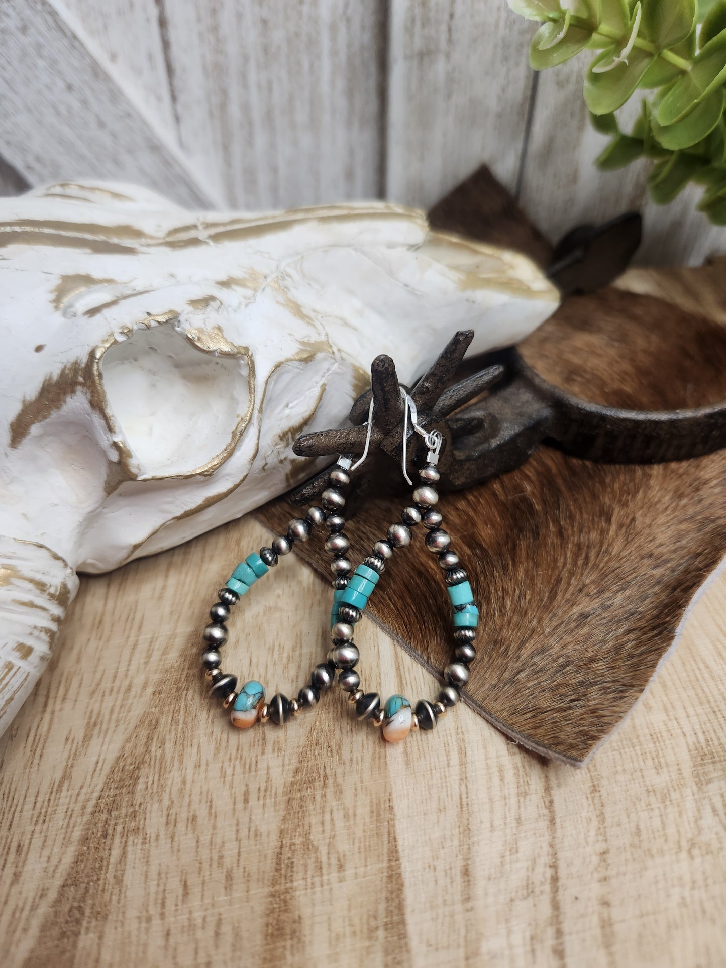 Sterling Silver Navajo Style Pearls, Rose Fold Filled, Spiny Oyster,and Heishi Yungai Turquoise