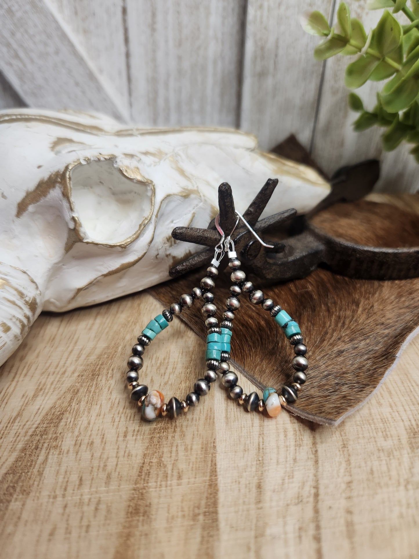 Sterling Silver Navajo Style Pearls, Rose Fold Filled, Spiny Oyster,and Heishi Yungai Turquoise