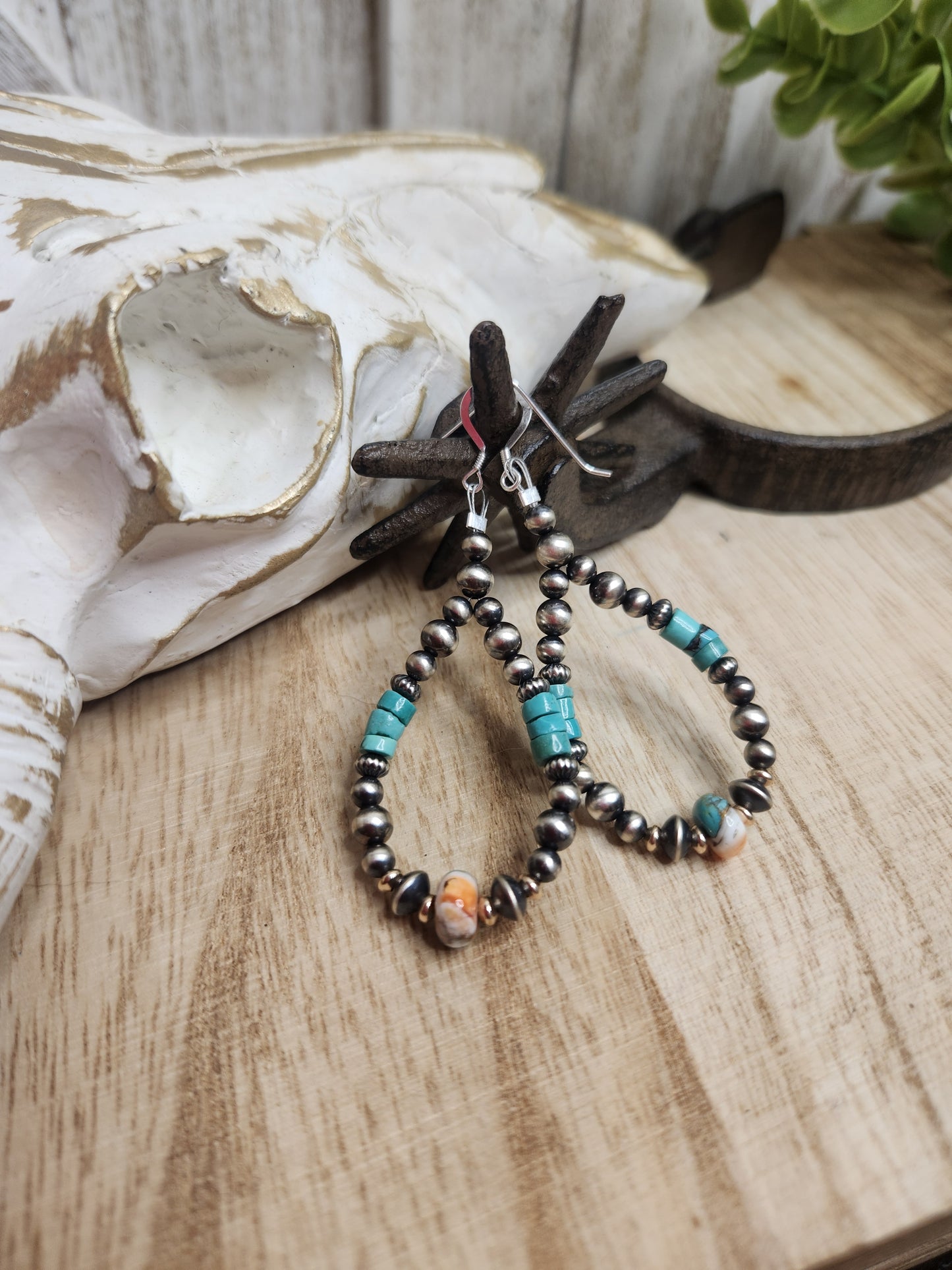 Sterling Silver Navajo Style Pearls, Rose Fold Filled, Spiny Oyster,and Heishi Yungai Turquoise
