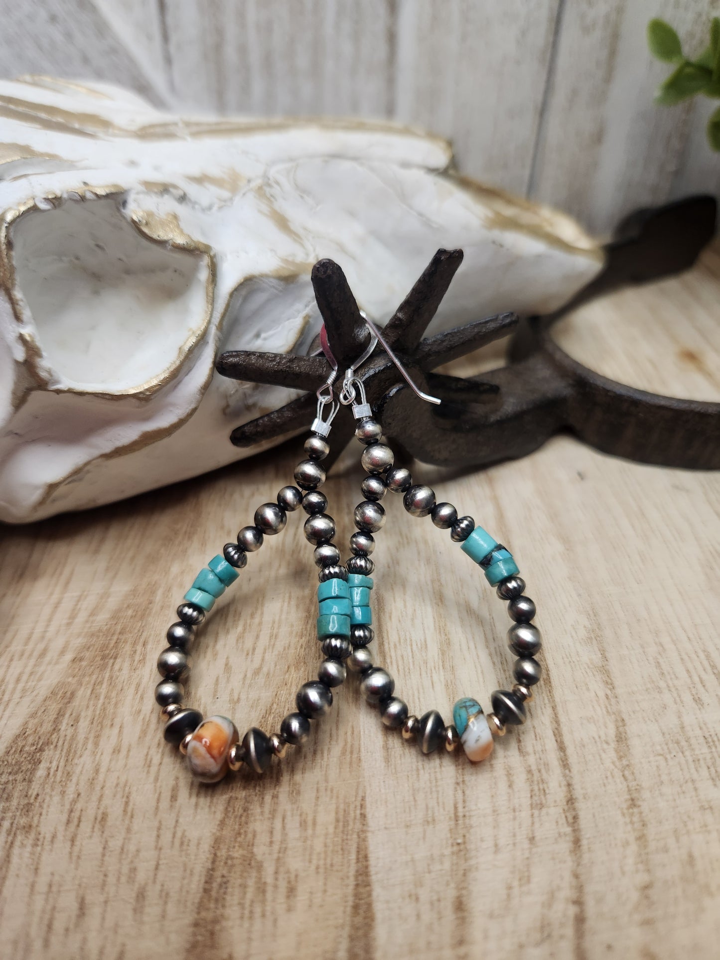 Sterling Silver Navajo Style Pearls, Rose Fold Filled, Spiny Oyster,and Heishi Yungai Turquoise