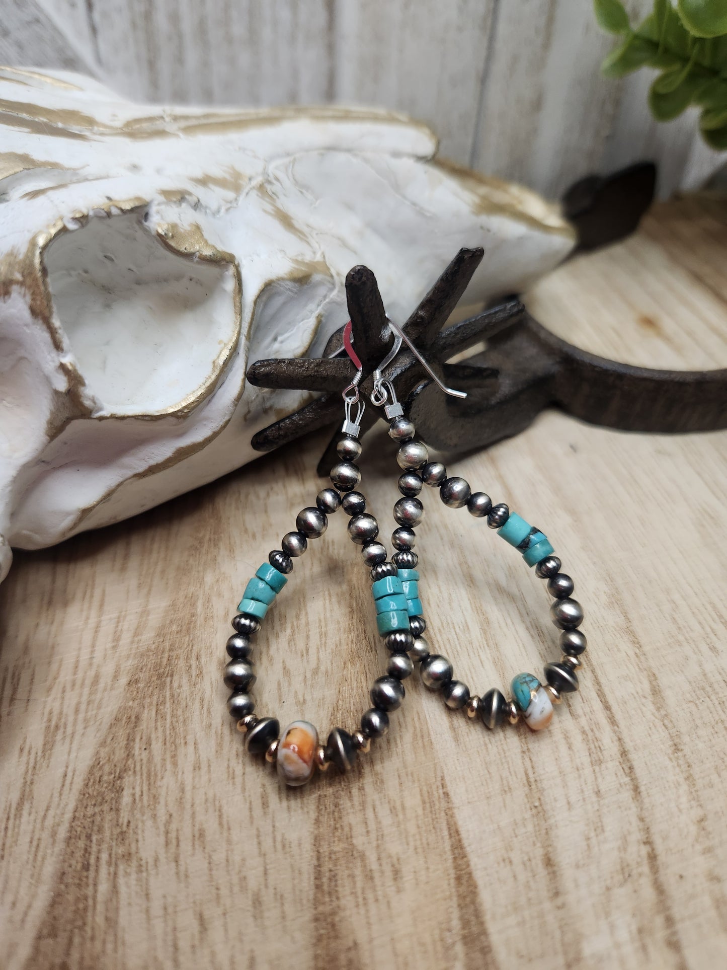 Sterling Silver Navajo Style Pearls, Rose Fold Filled, Spiny Oyster,and Heishi Yungai Turquoise