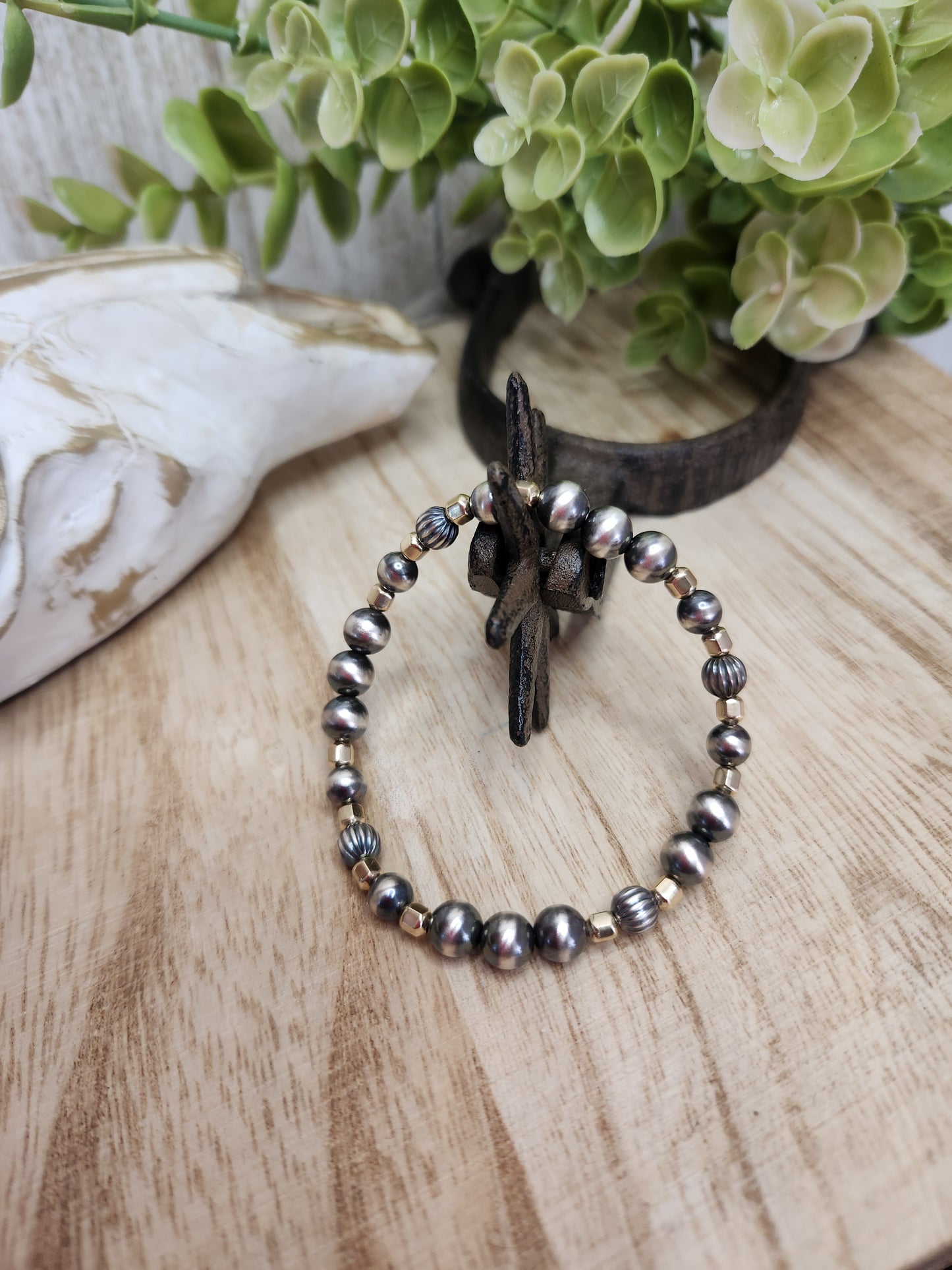 Gold Filled & Sterling Silver Navajo Style Pearls. Stretch Bracelet