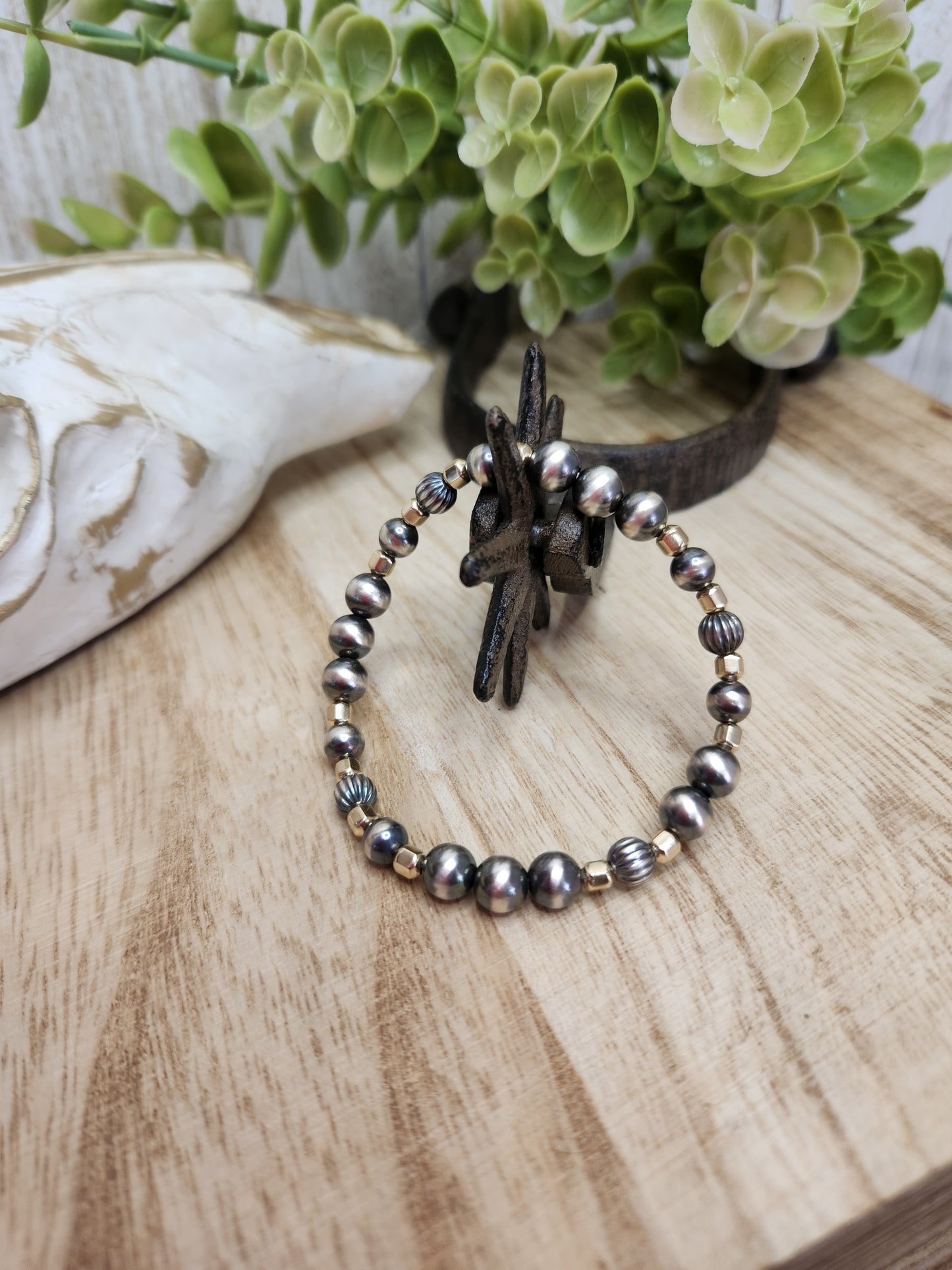 Gold Filled & Sterling Silver Navajo Style Pearls. Stretch Bracelet