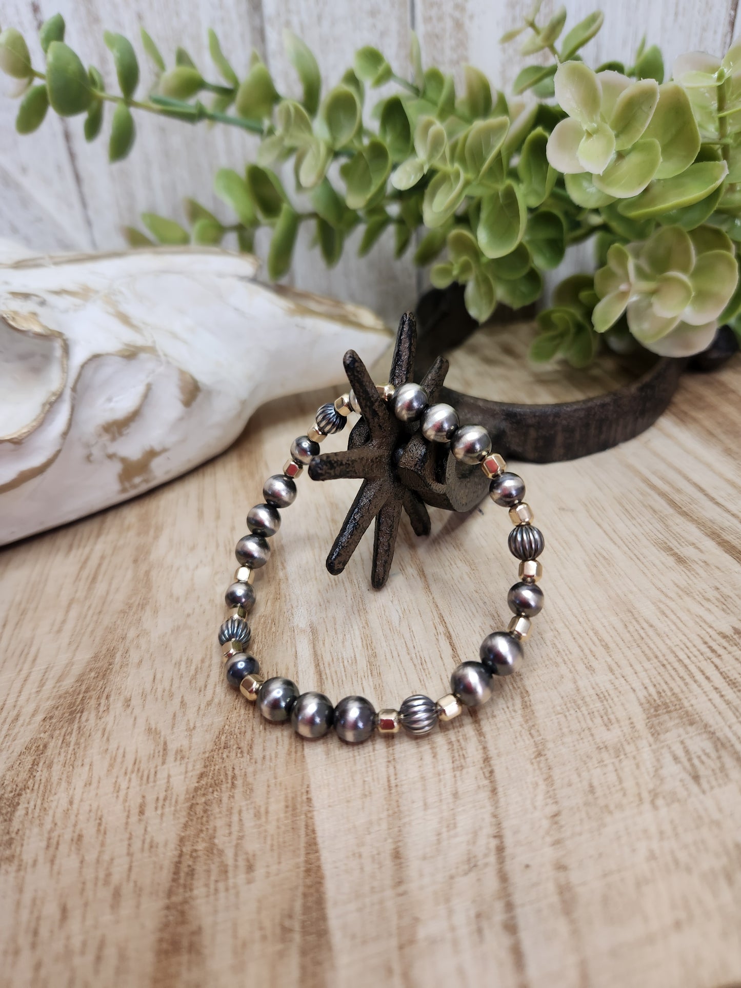 Gold Filled & Sterling Silver Navajo Style Pearls. Stretch Bracelet