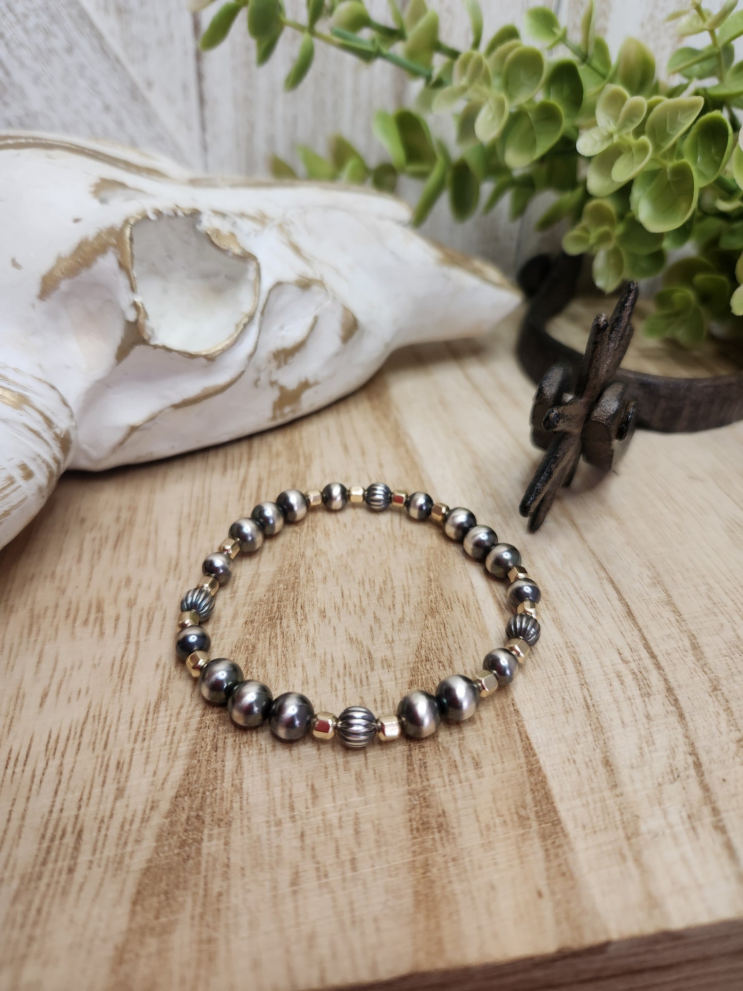 Gold Filled & Sterling Silver Navajo Style Pearls. Stretch Bracelet
