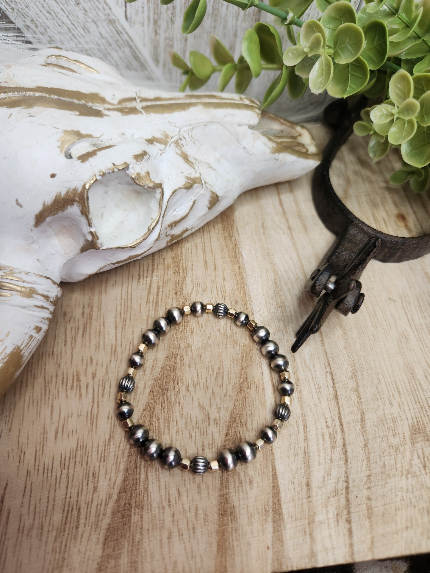 Gold Filled & Sterling Silver Navajo Style Pearls. Stretch Bracelet