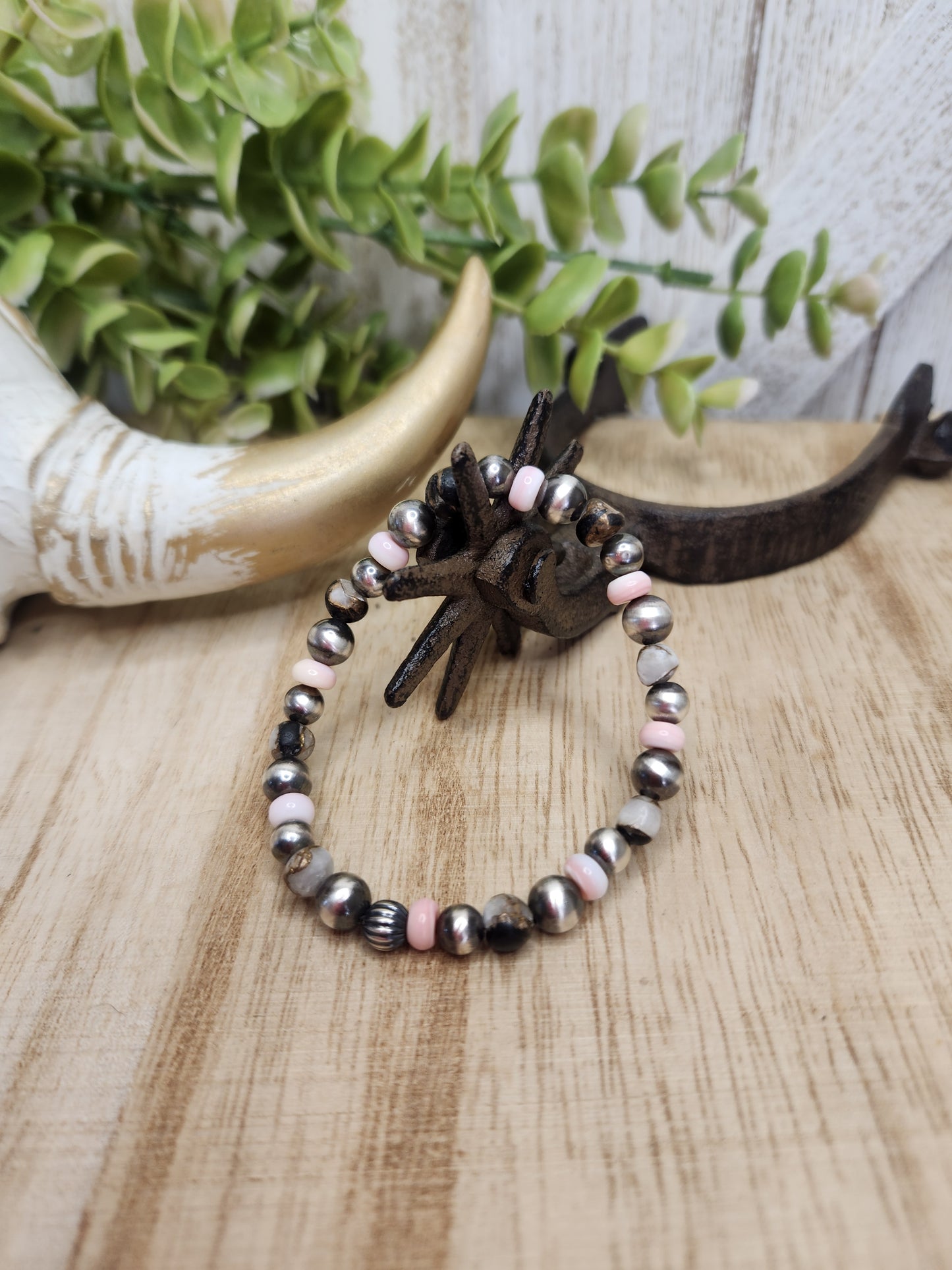 Pink Conch & White Bronze Buffalo & Sterling Silver Navajo Style Pearls. Stretch Bracelet