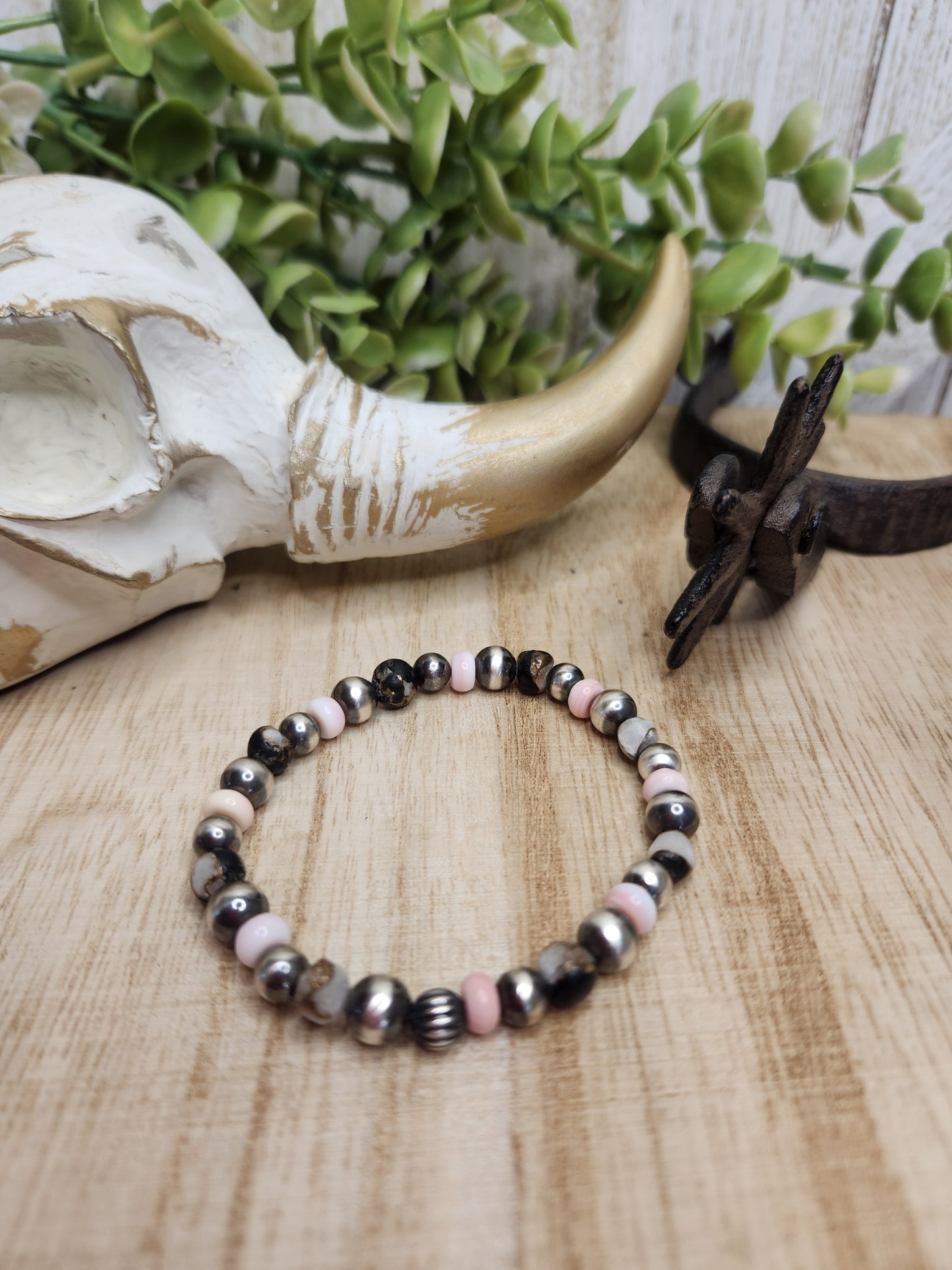 Pink Conch & White Bronze Buffalo & Sterling Silver Navajo Style Pearls. Stretch Bracelet