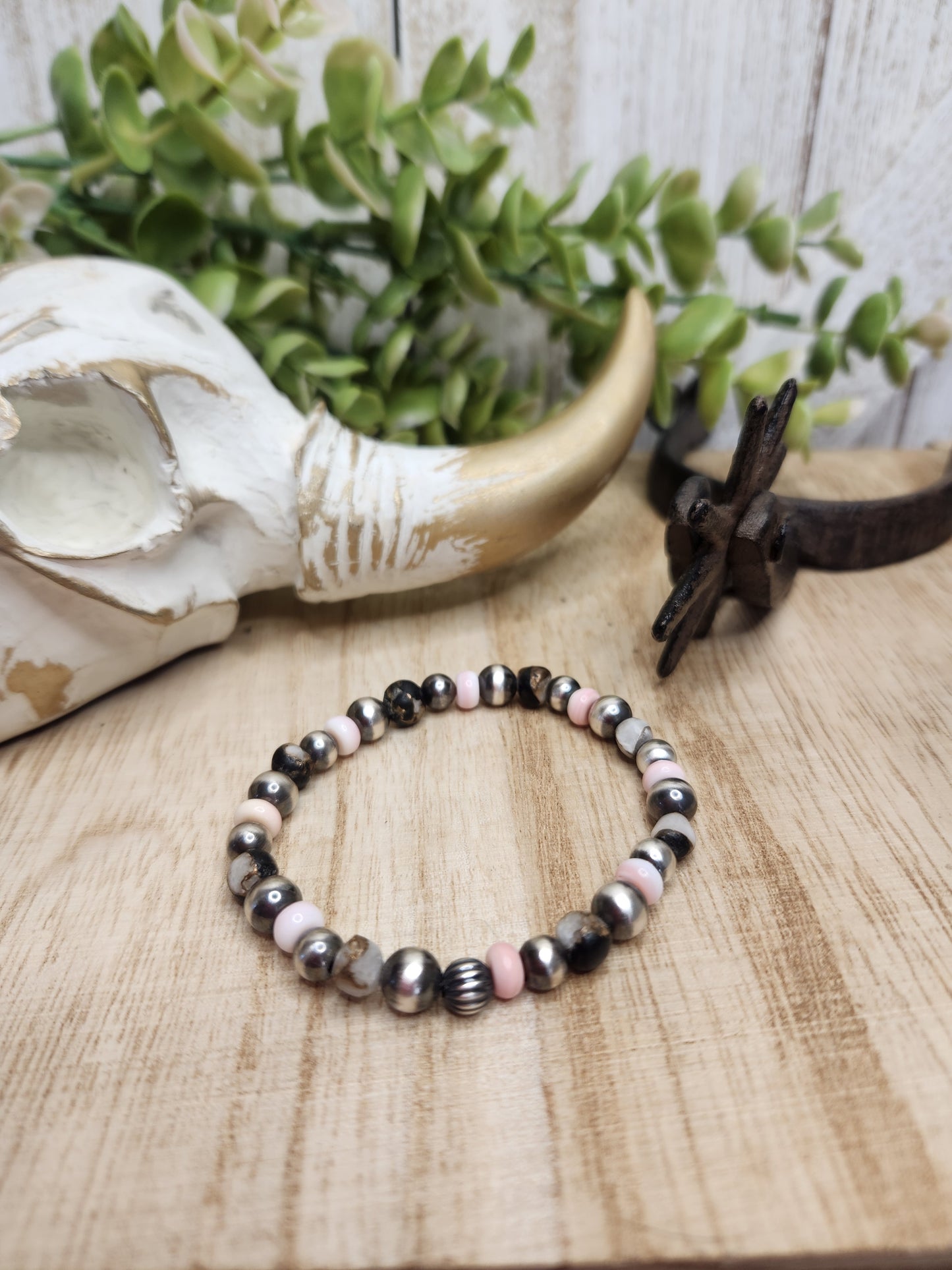 Pink Conch & White Bronze Buffalo & Sterling Silver Navajo Style Pearls. Stretch Bracelet