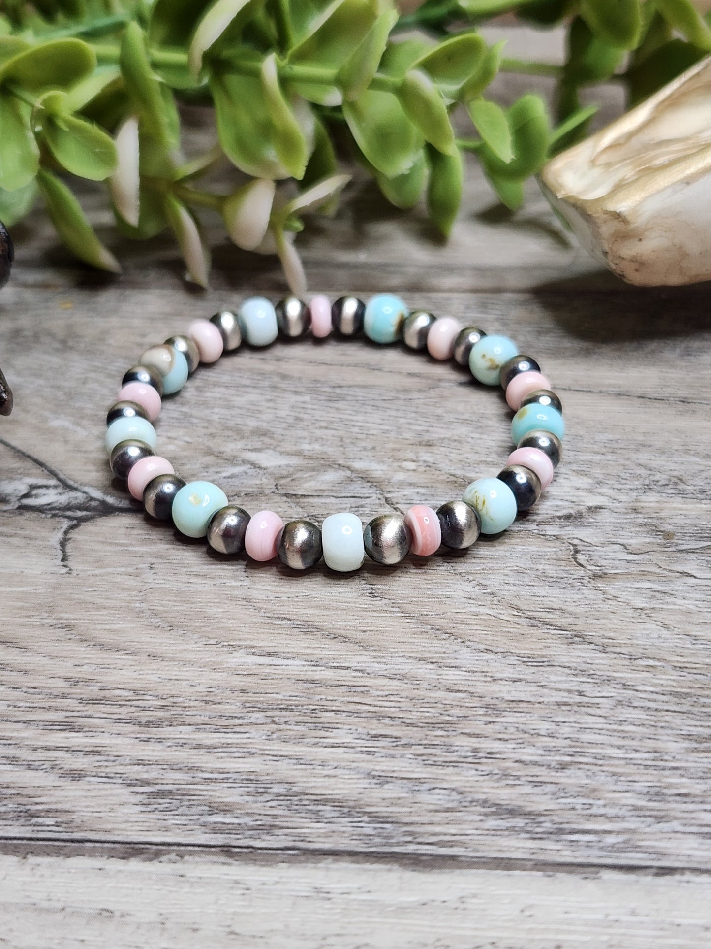 Pink Conch, Peruvian Opal & Sterling Silver Navajo Style Pearls. Stretch Bracelet