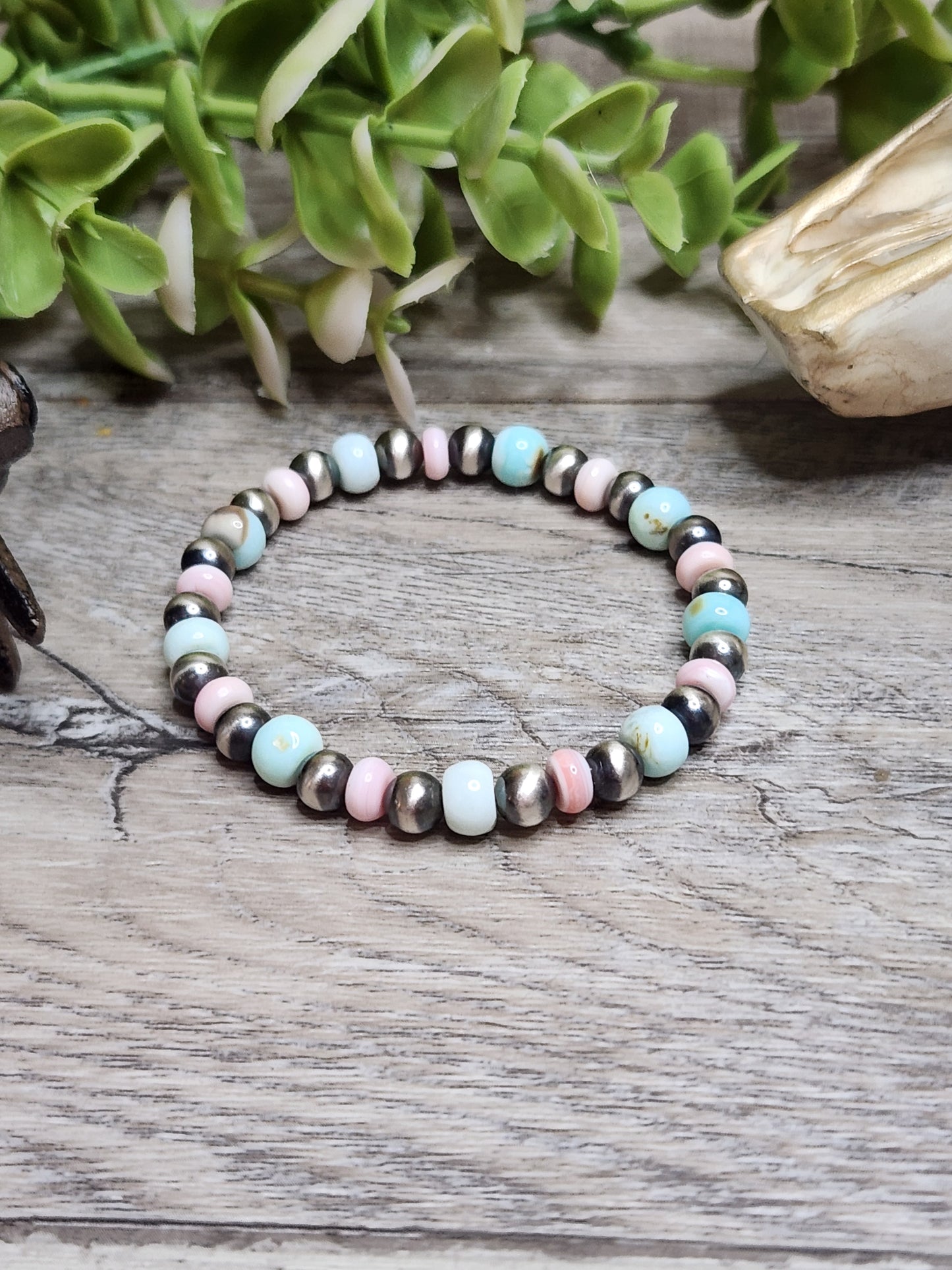 Pink Conch, Peruvian Opal & Sterling Silver Navajo Style Pearls. Stretch Bracelet