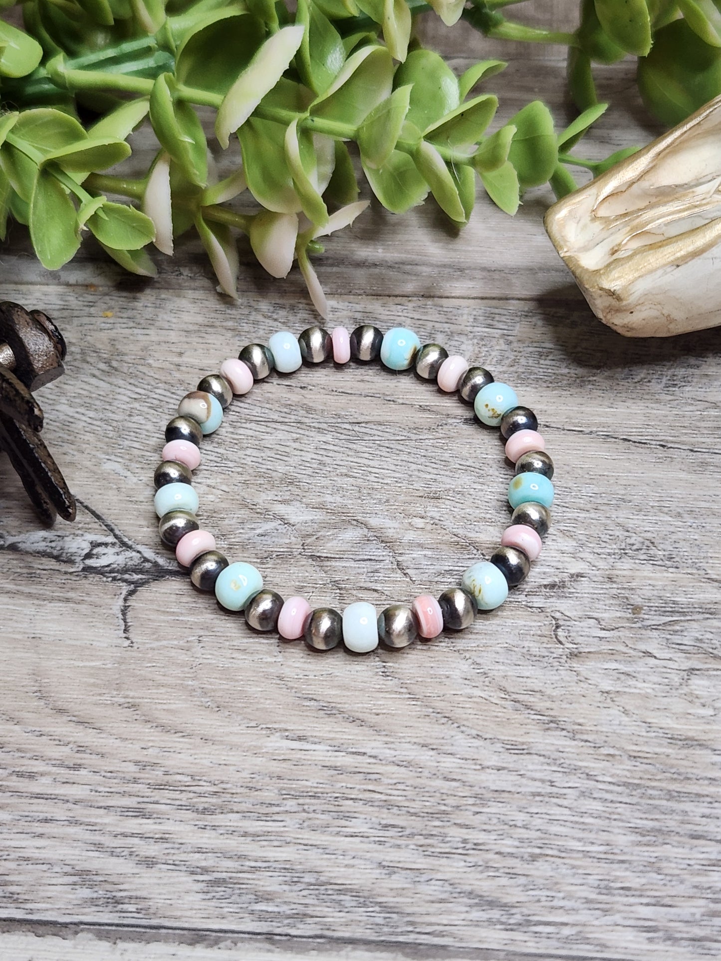 Pink Conch, Peruvian Opal & Sterling Silver Navajo Style Pearls. Stretch Bracelet