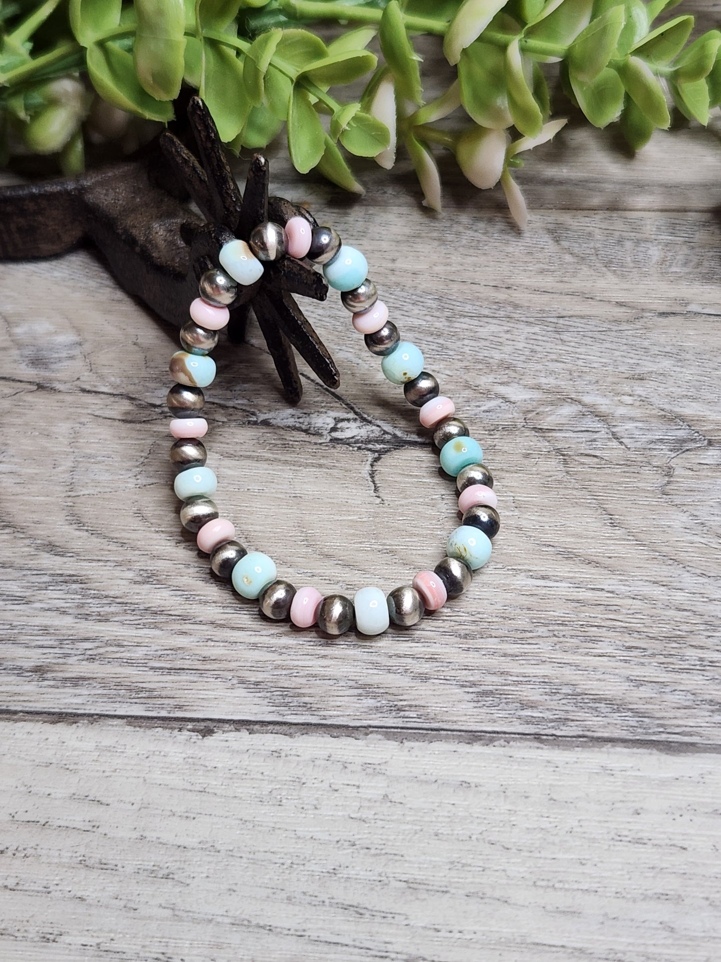 Pink Conch, Peruvian Opal & Sterling Silver Navajo Style Pearls. Stretch Bracelet