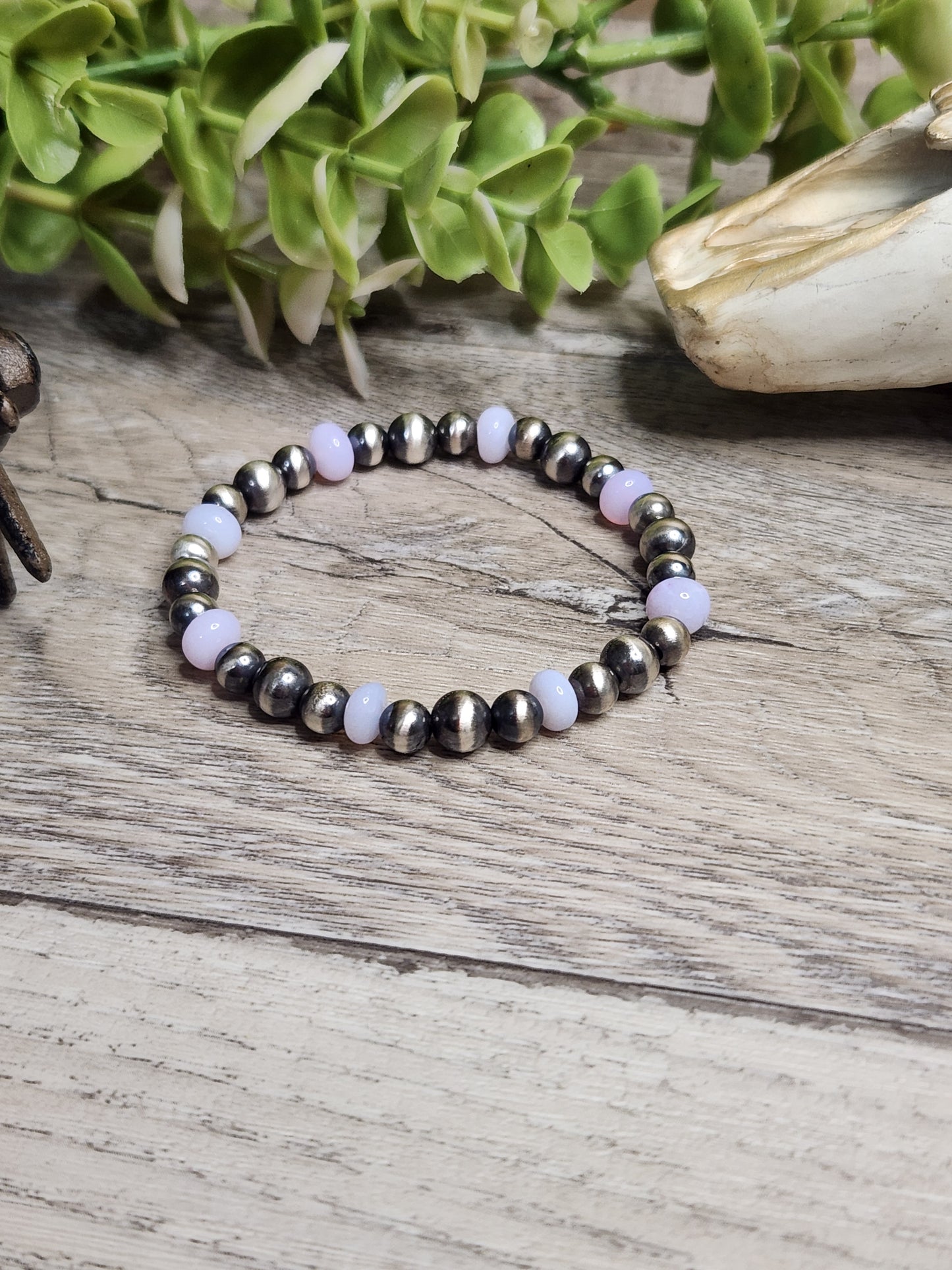 Purple Opal & Sterling Silver Navajo Style Pearls. Stretch Bracelet