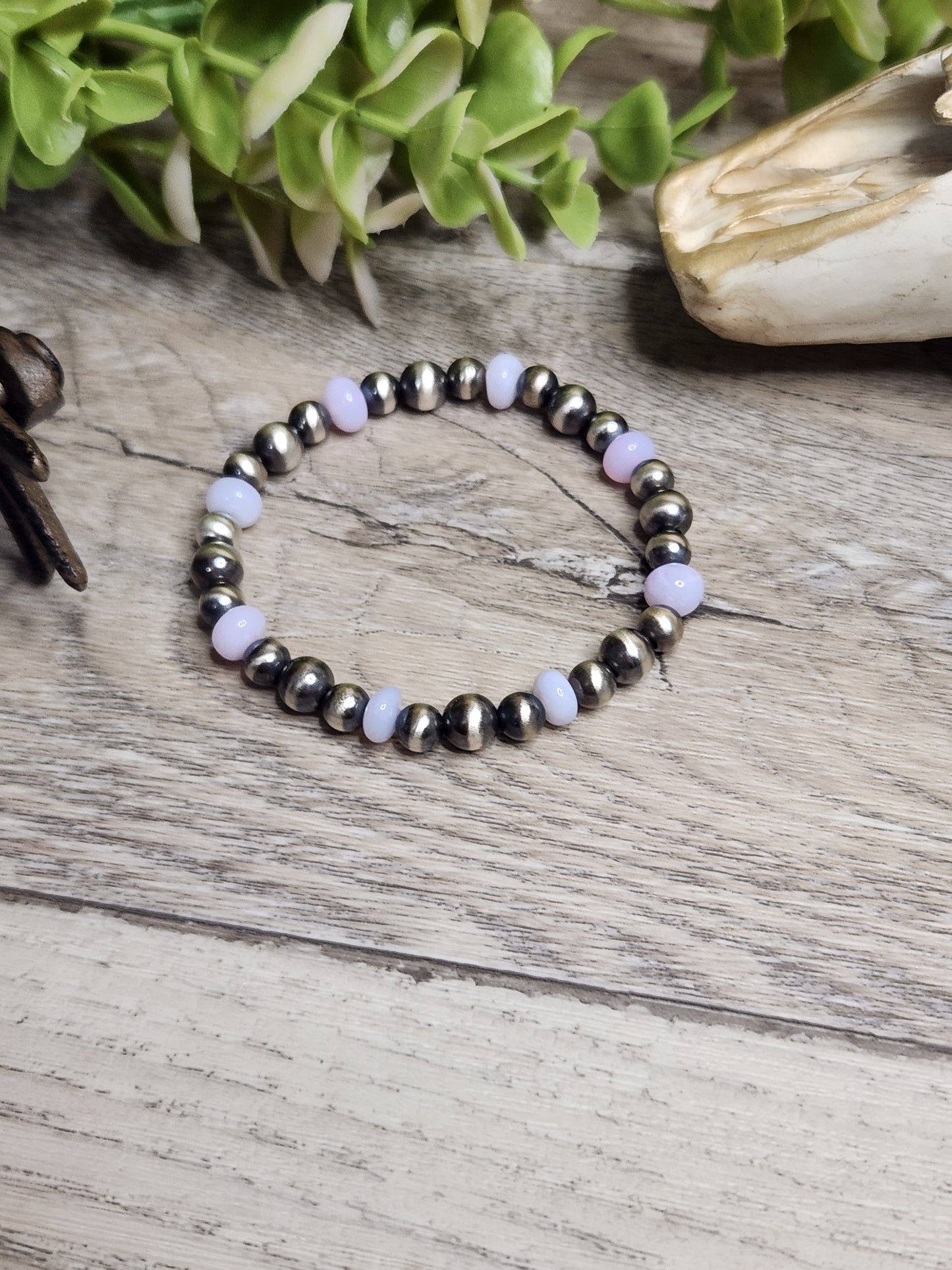 Purple Opal & Sterling Silver Navajo Style Pearls. Stretch Bracelet