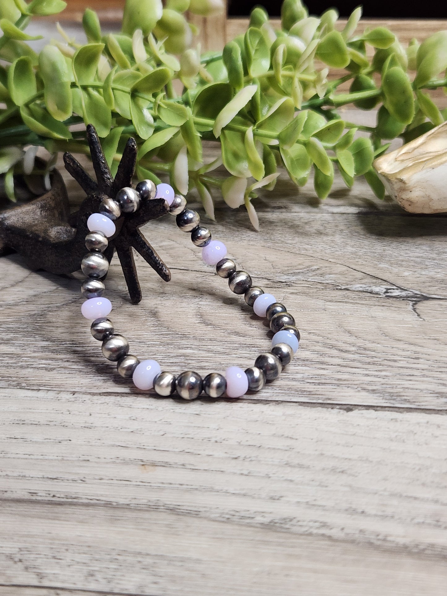 Purple Opal & Sterling Silver Navajo Style Pearls. Stretch Bracelet