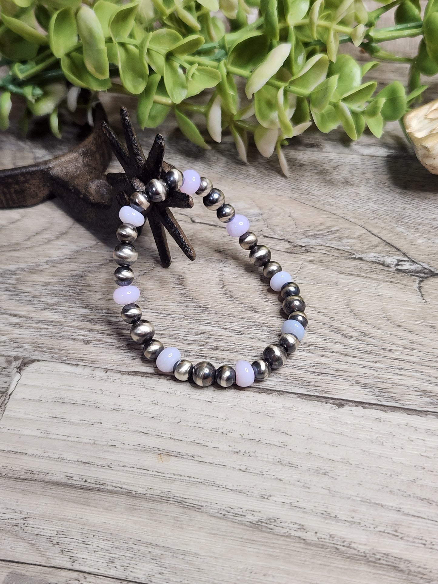 Purple Opal & Sterling Silver Navajo Style Pearls. Stretch Bracelet