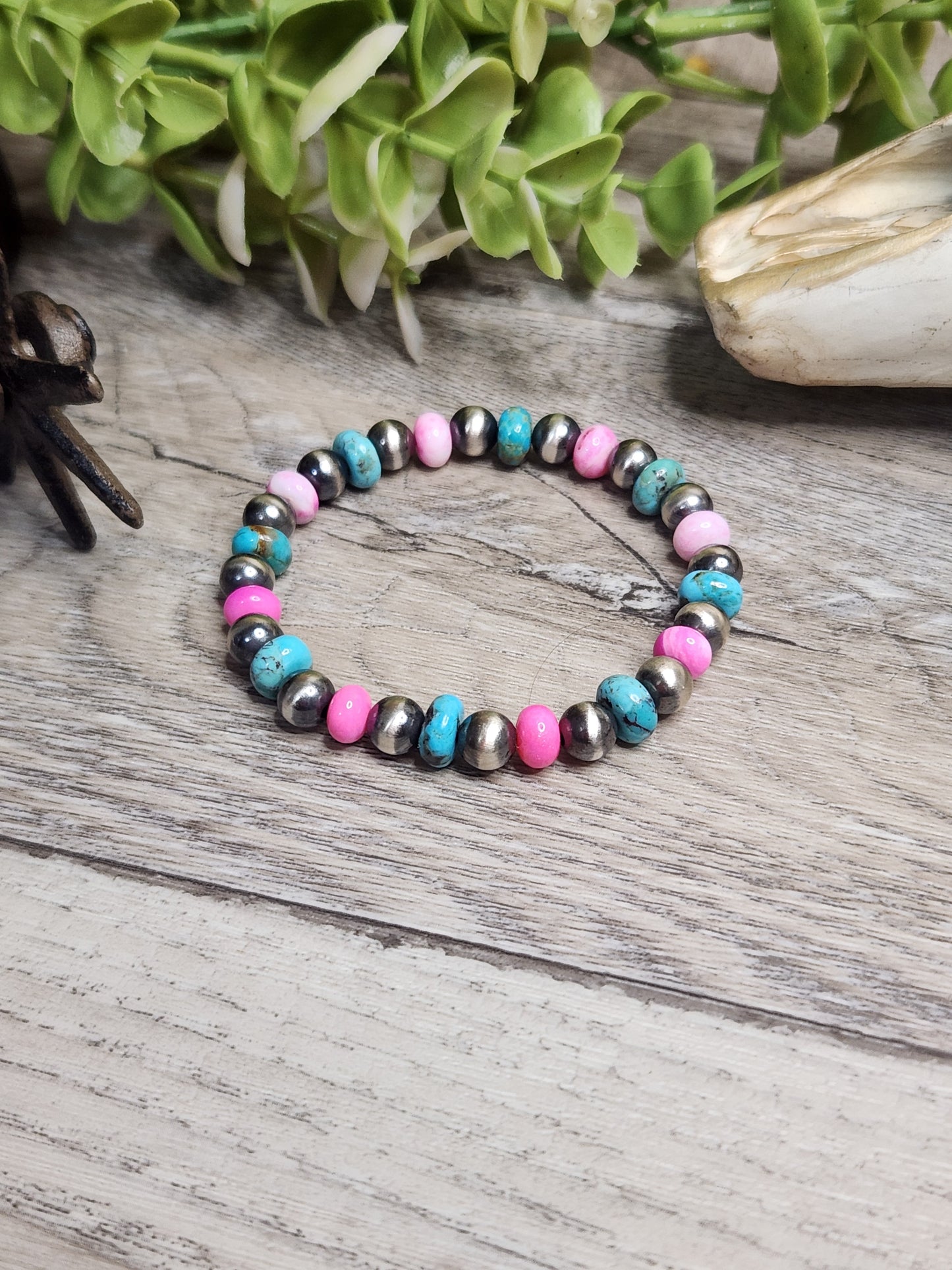 Pink Opal, Kingsmen Turquoise, & Sterling Silver Navajo Style Pearls. Stretch Bracelet