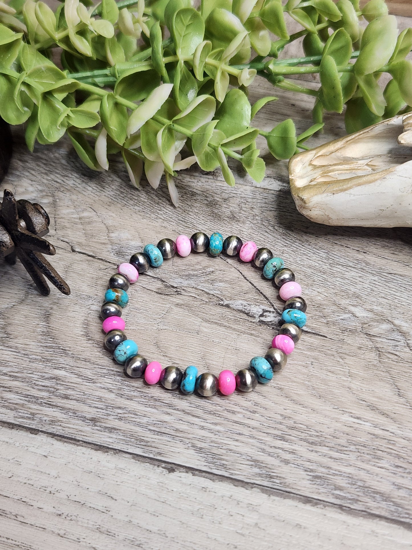 Pink Opal, Kingsmen Turquoise, & Sterling Silver Navajo Style Pearls. Stretch Bracelet