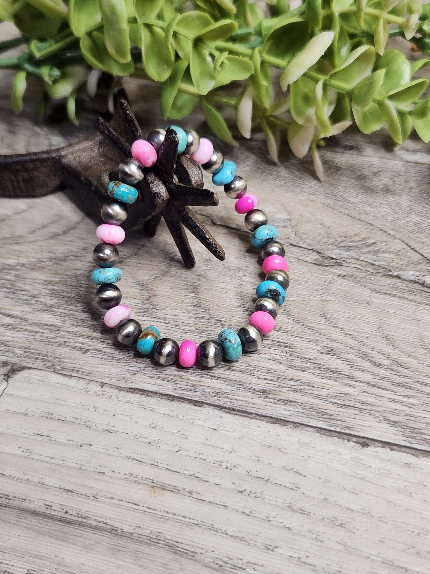 Pink Opal, Kingsmen Turquoise, & Sterling Silver Navajo Style Pearls. Stretch Bracelet