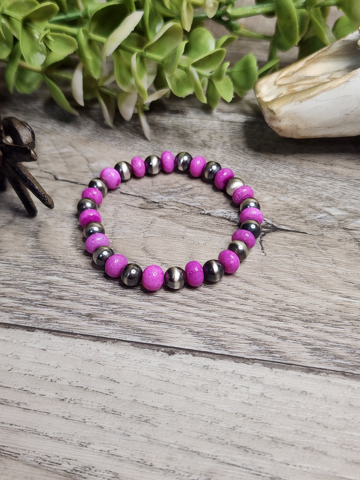 Dark Pink Opal & Sterling Silver Navajo Style Pearls. Stretch Bracelet