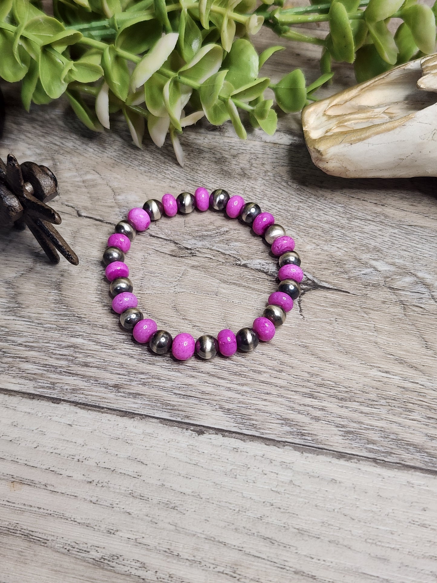 Dark Pink Opal & Sterling Silver Navajo Style Pearls. Stretch Bracelet
