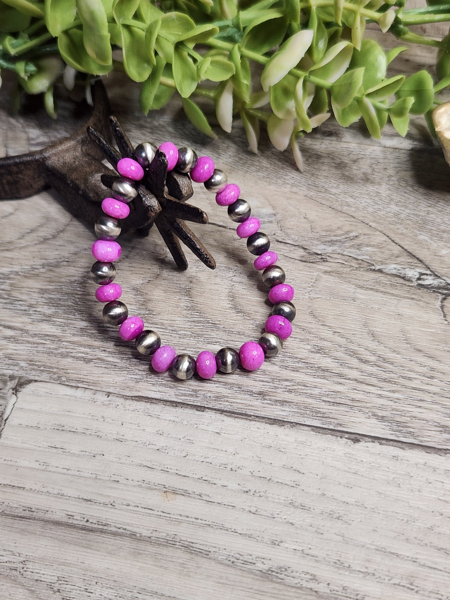 Dark Pink Opal & Sterling Silver Navajo Style Pearls. Stretch Bracelet