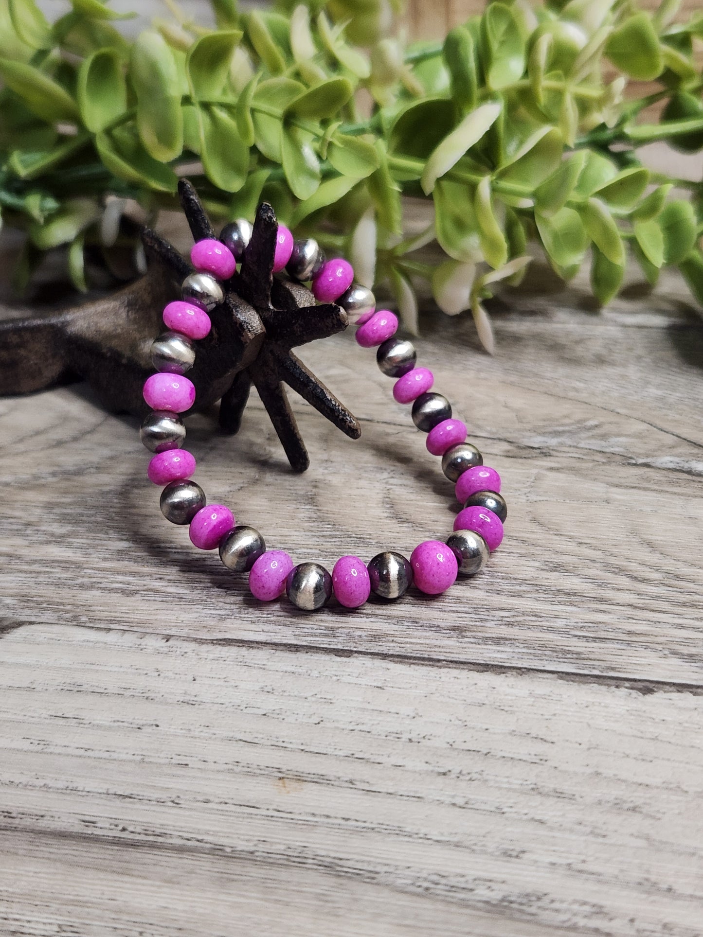 Dark Pink Opal & Sterling Silver Navajo Style Pearls. Stretch Bracelet