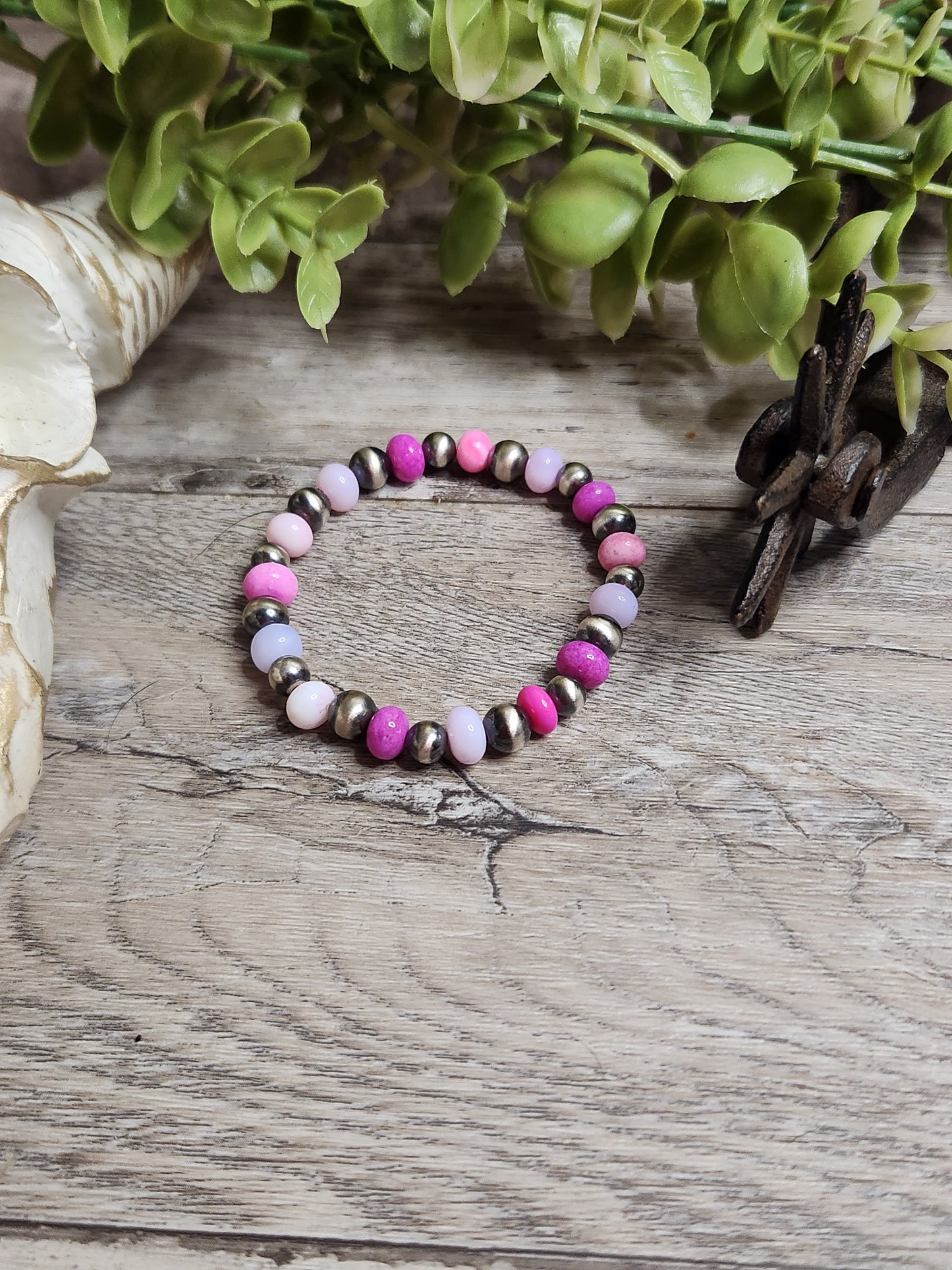 Purple & Pink Opal & Sterling Silver Navajo Style Pearls.  Stretch Bracelet