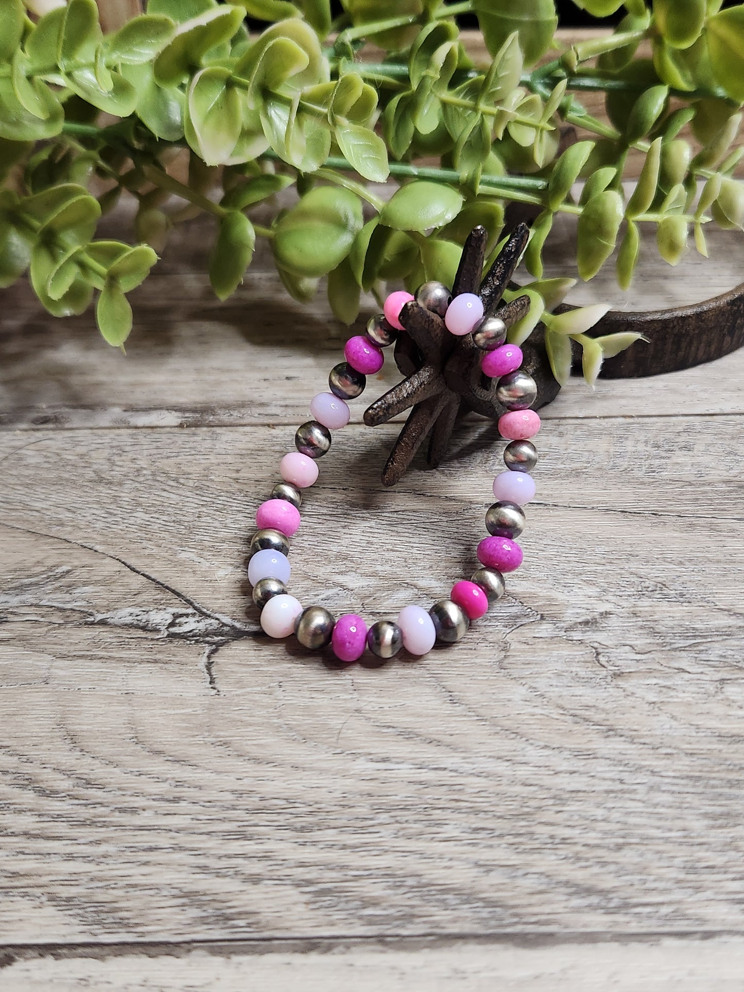 Purple & Pink Opal & Sterling Silver Navajo Style Pearls.  Stretch Bracelet