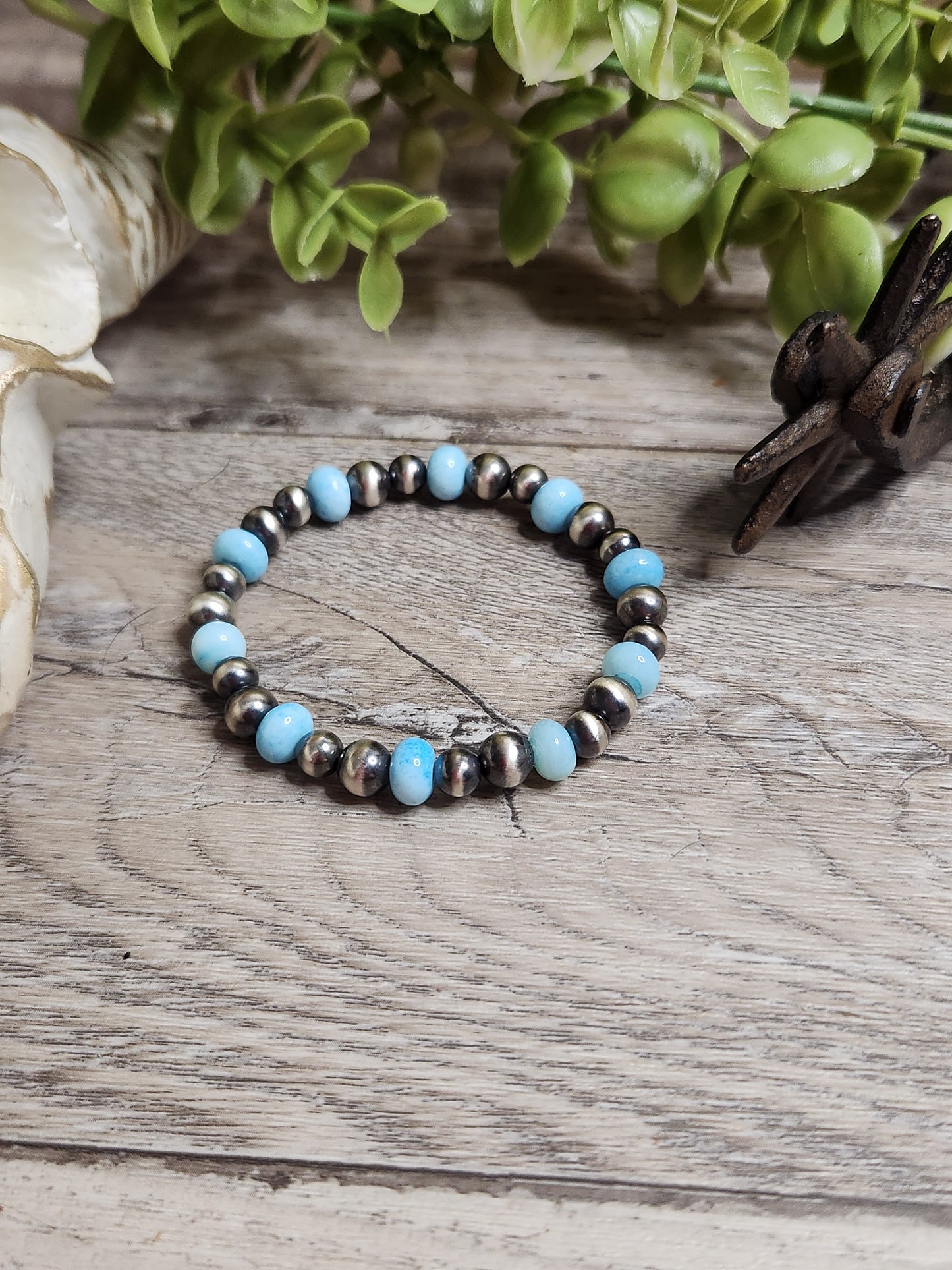 Blue Opal & Sterling Silver Navajo Style Pearls. Stretch Bracelet