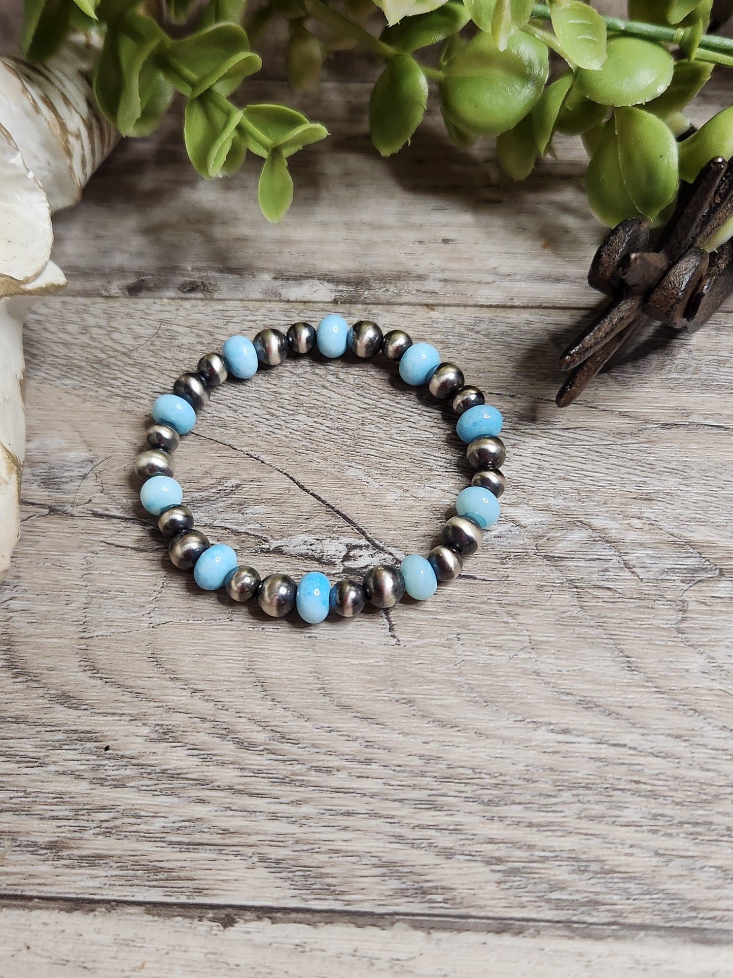 Blue Opal & Sterling Silver Navajo Style Pearls. Stretch Bracelet