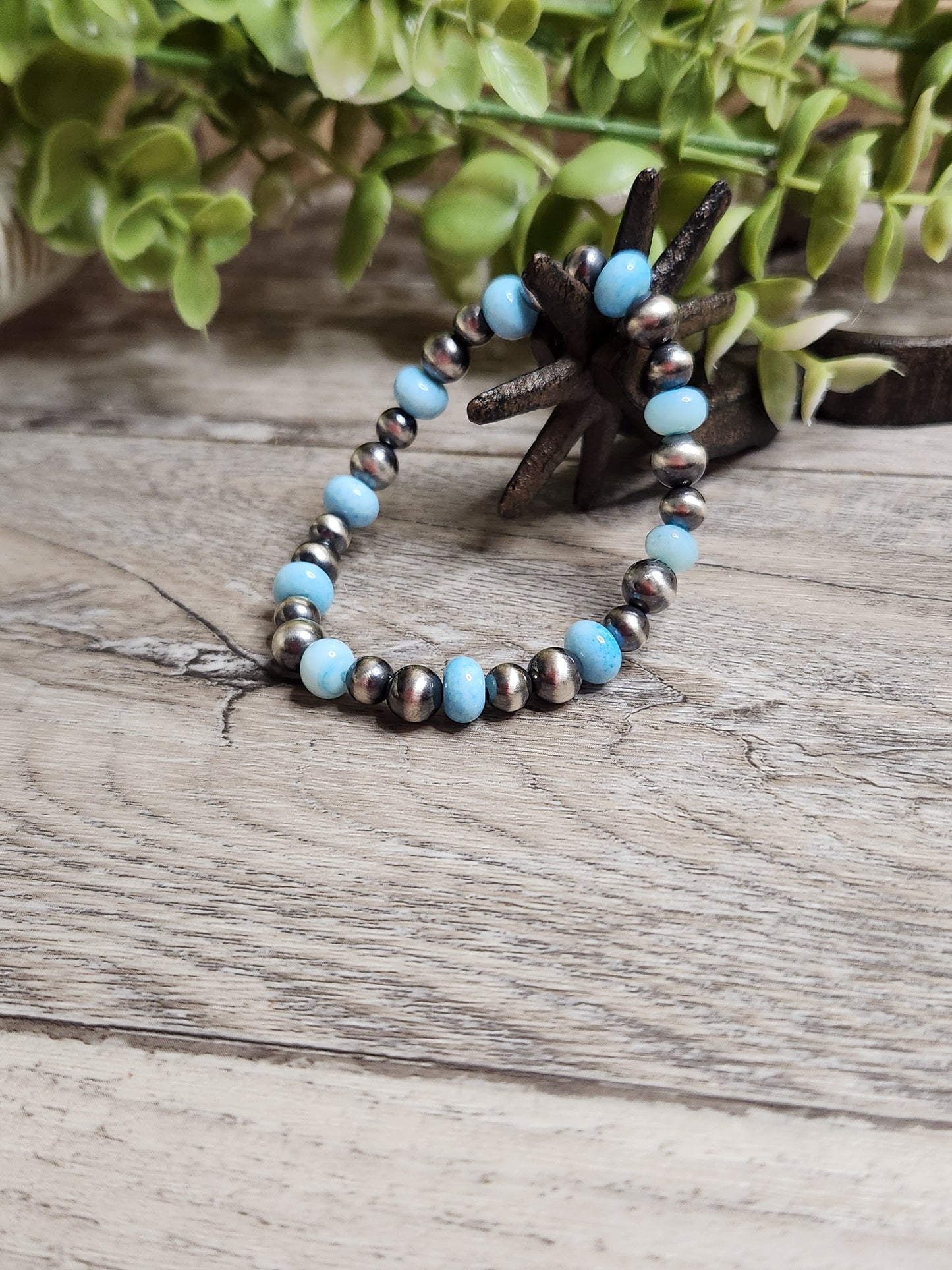 Blue Opal & Sterling Silver Navajo Style Pearls. Stretch Bracelet