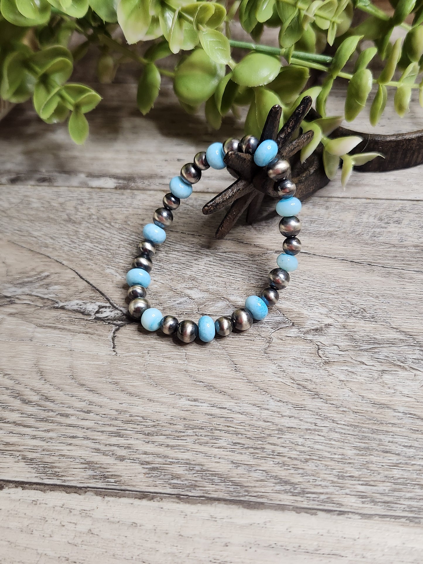 Blue Opal & Sterling Silver Navajo Style Pearls. Stretch Bracelet