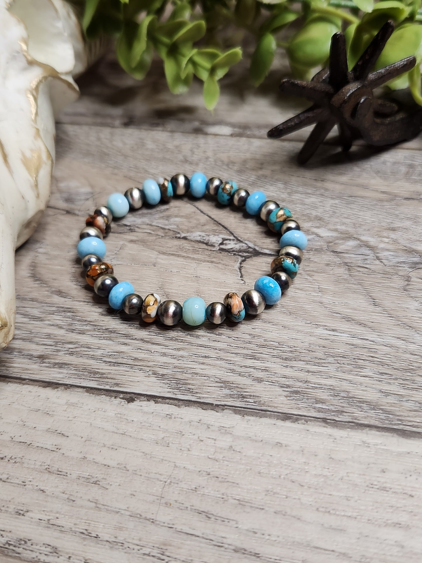Blu Opal, Spiny Oyster Turquoise, & Sterling Silver Navajo Style Pearls. Stretch Bracelet
