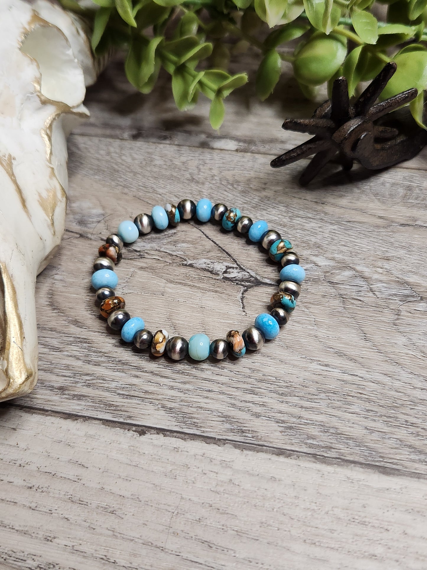 Blu Opal, Spiny Oyster Turquoise, & Sterling Silver Navajo Style Pearls. Stretch Bracelet