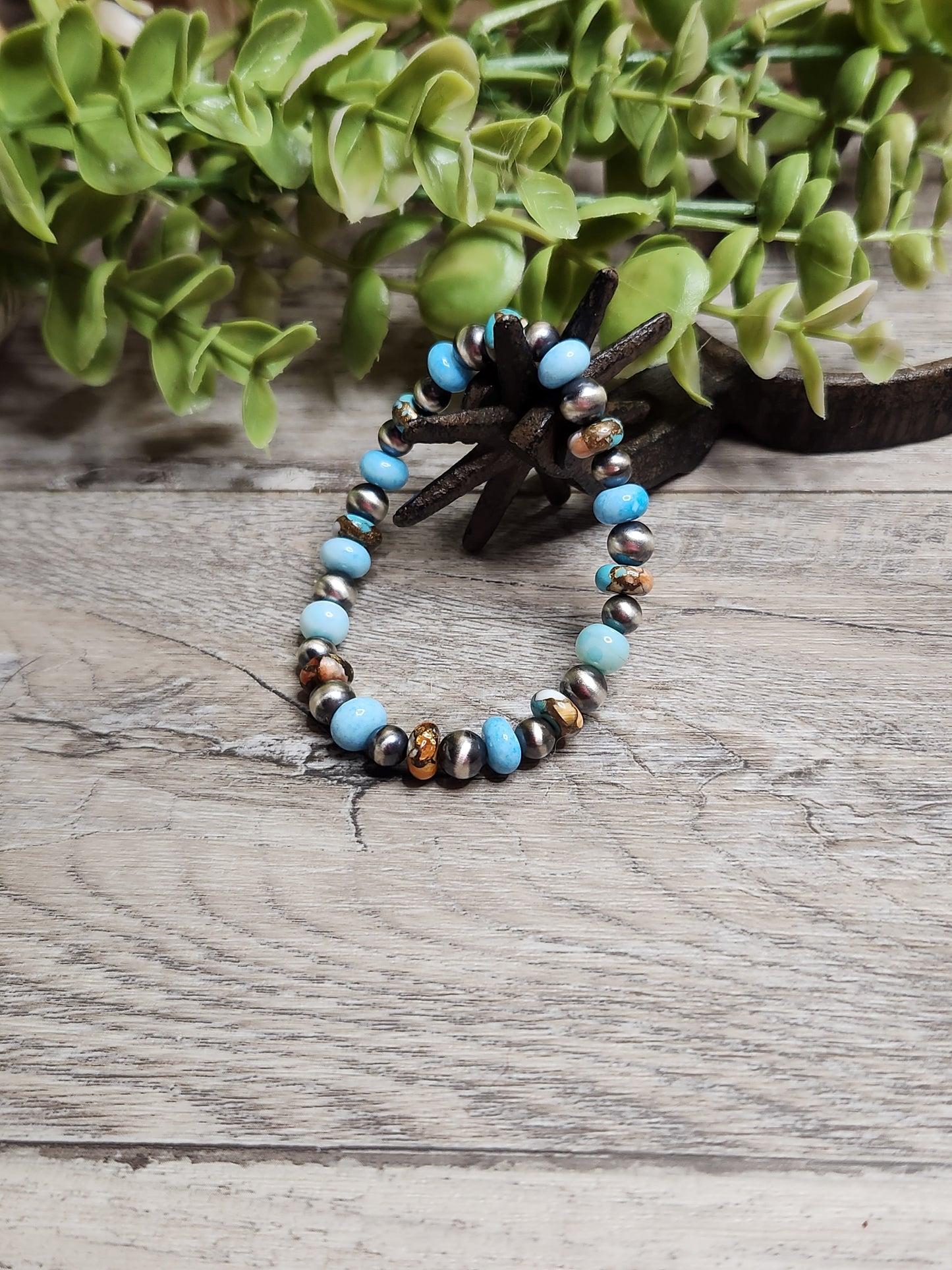 Blu Opal, Spiny Oyster Turquoise, & Sterling Silver Navajo Style Pearls. Stretch Bracelet