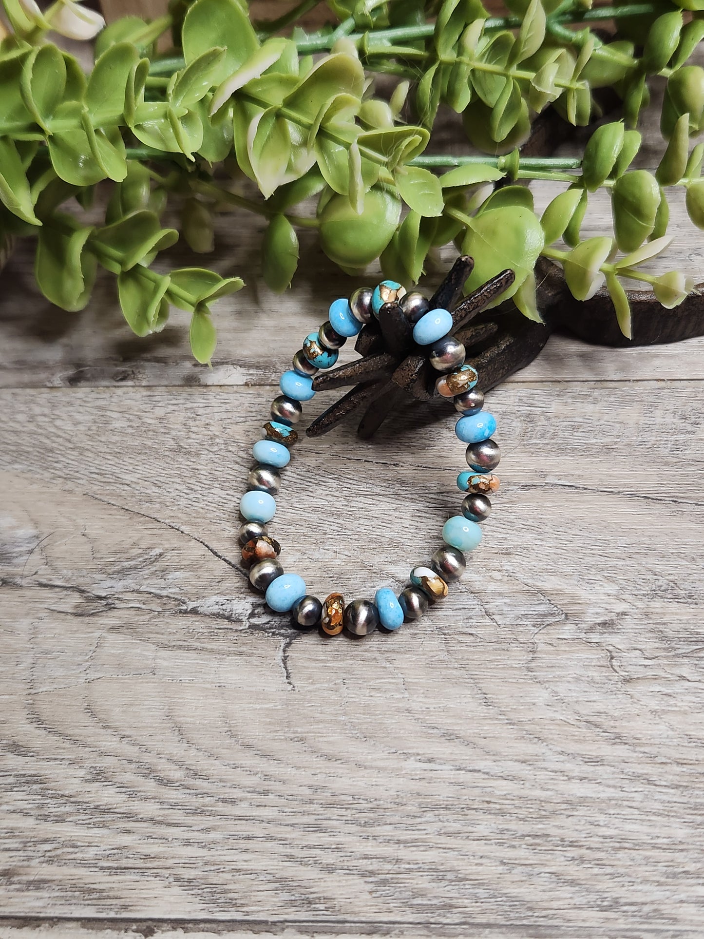 Blu Opal, Spiny Oyster Turquoise, & Sterling Silver Navajo Style Pearls. Stretch Bracelet