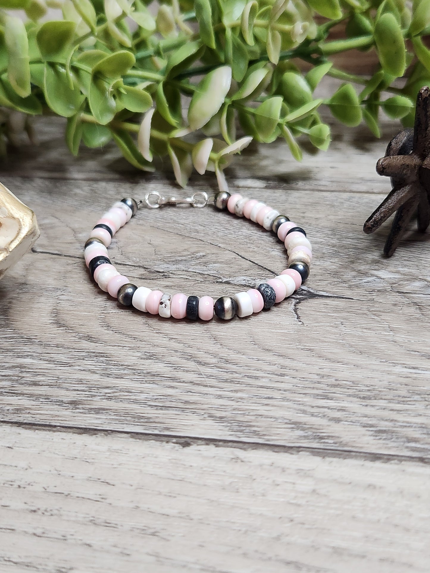 Pink Conch, White Buffalo,& Sterling Silver Navajo Style Pearls.  Clasp