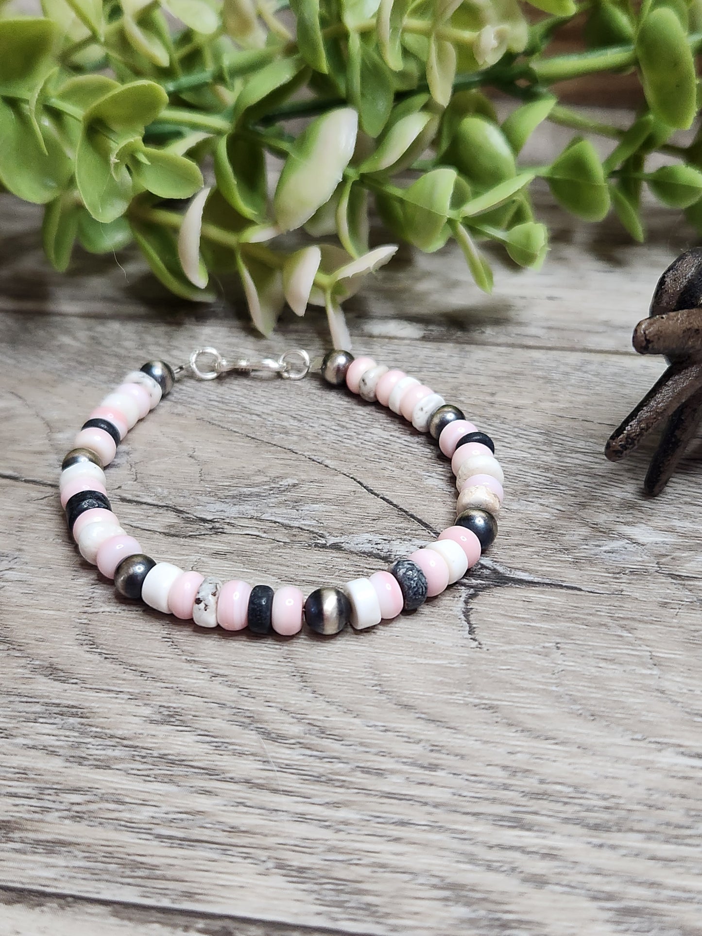 Pink Conch, White Buffalo,& Sterling Silver Navajo Style Pearls.  Clasp