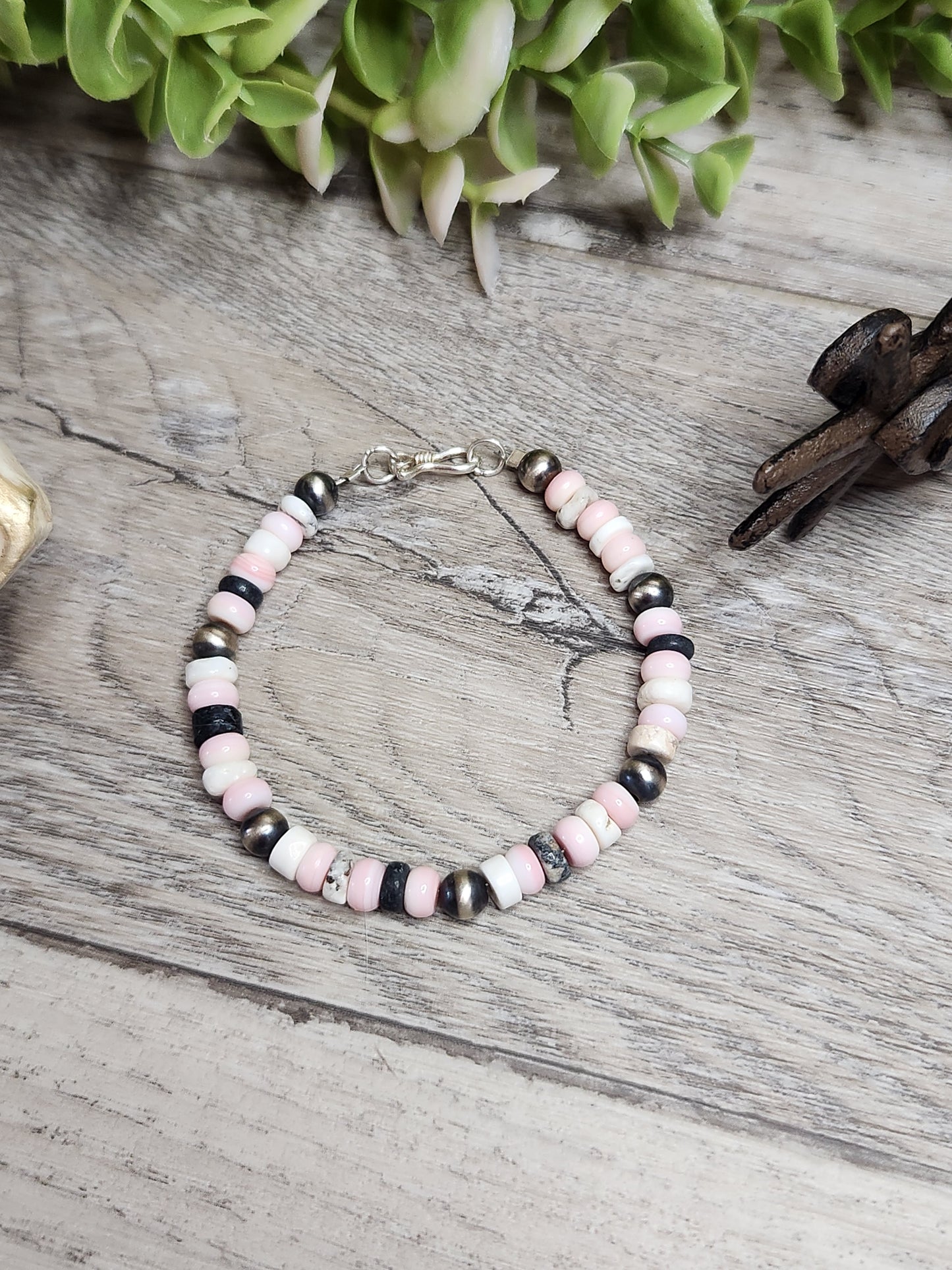 Pink Conch, White Buffalo,& Sterling Silver Navajo Style Pearls.  Clasp