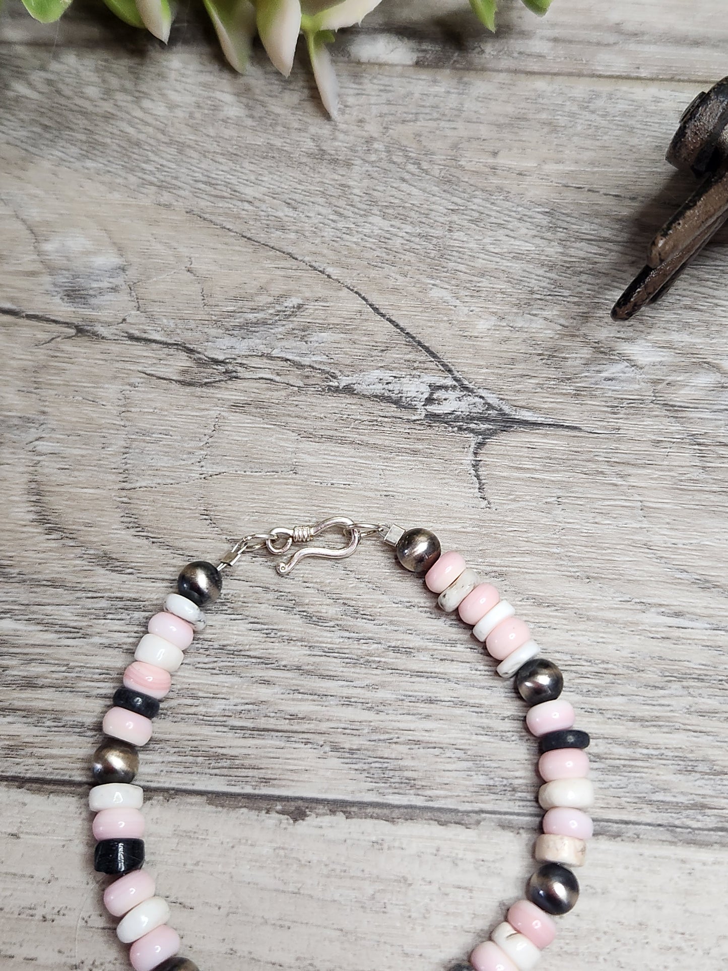 Pink Conch, White Buffalo,& Sterling Silver Navajo Style Pearls.  Clasp