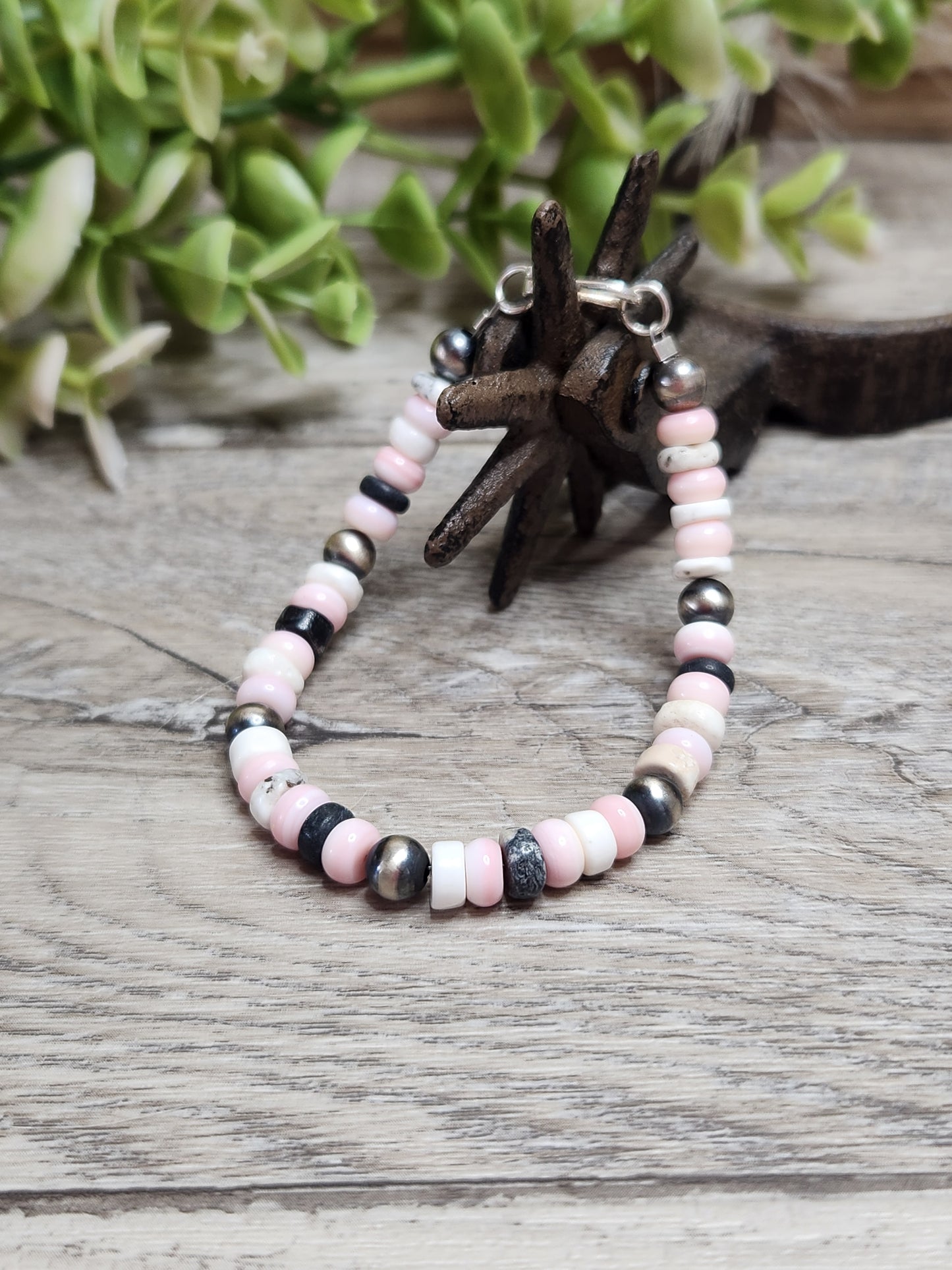 Pink Conch, White Buffalo,& Sterling Silver Navajo Style Pearls.  Clasp