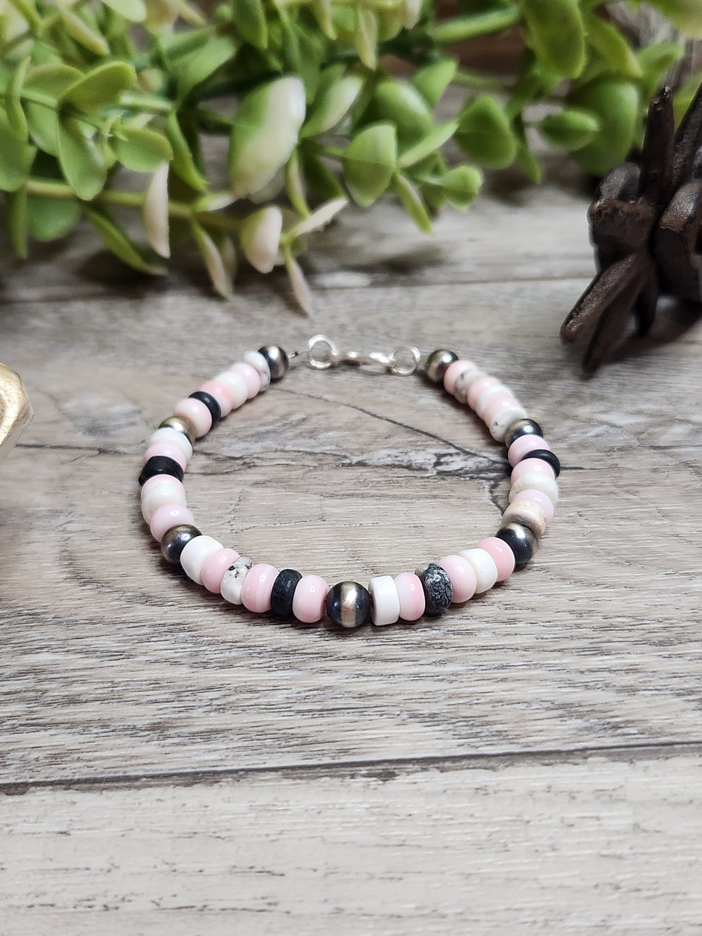 Pink Conch, White Buffalo,& Sterling Silver Navajo Style Pearls.  Clasp