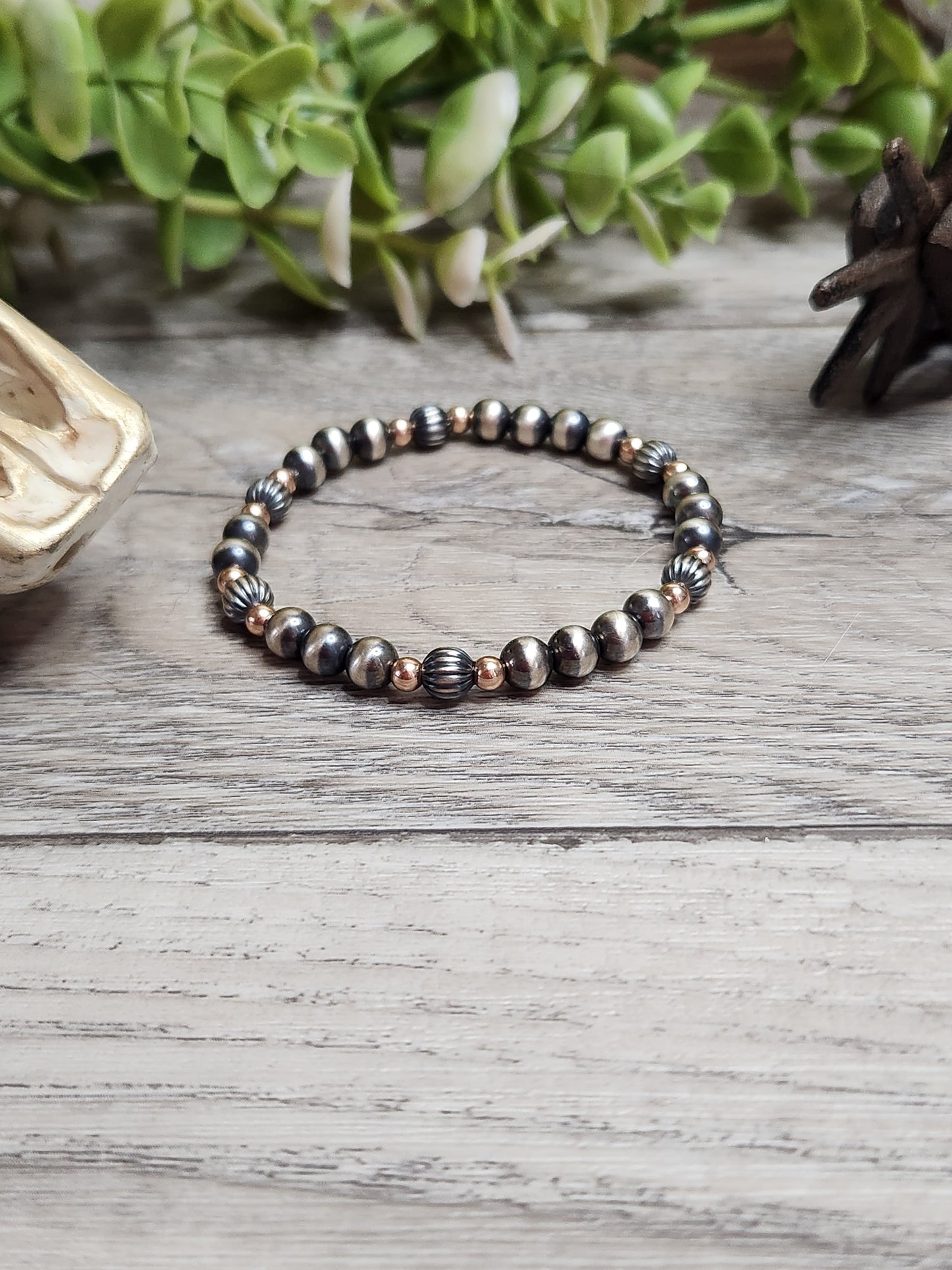 Rose Gold Filled & Sterling Silver Navajo Style Pearls.  Stretch Bracelet