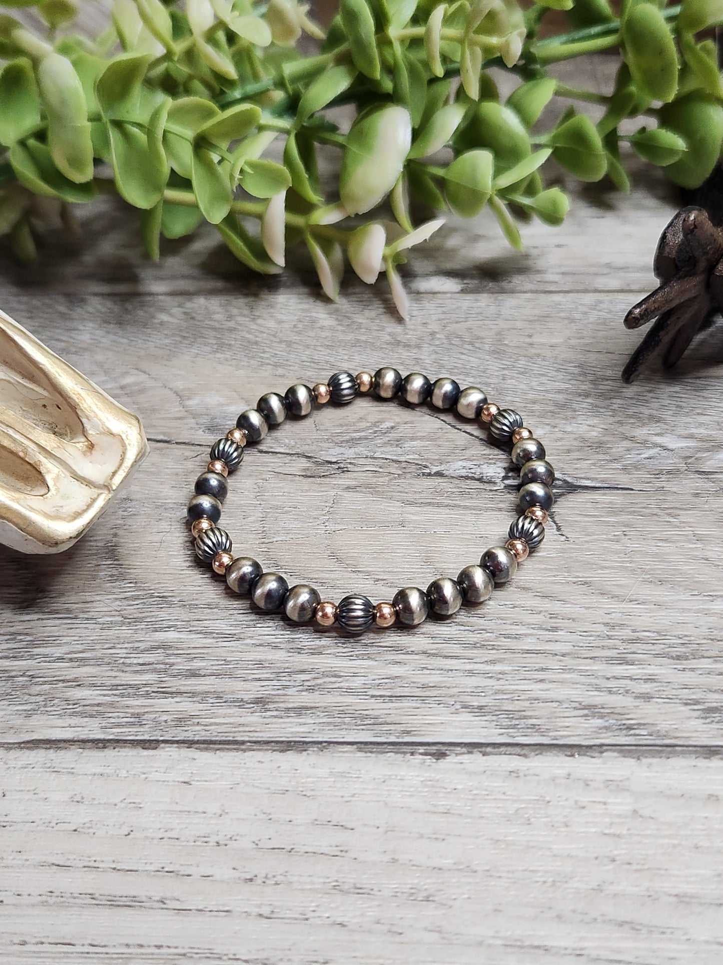 Rose Gold Filled & Sterling Silver Navajo Style Pearls.  Stretch Bracelet