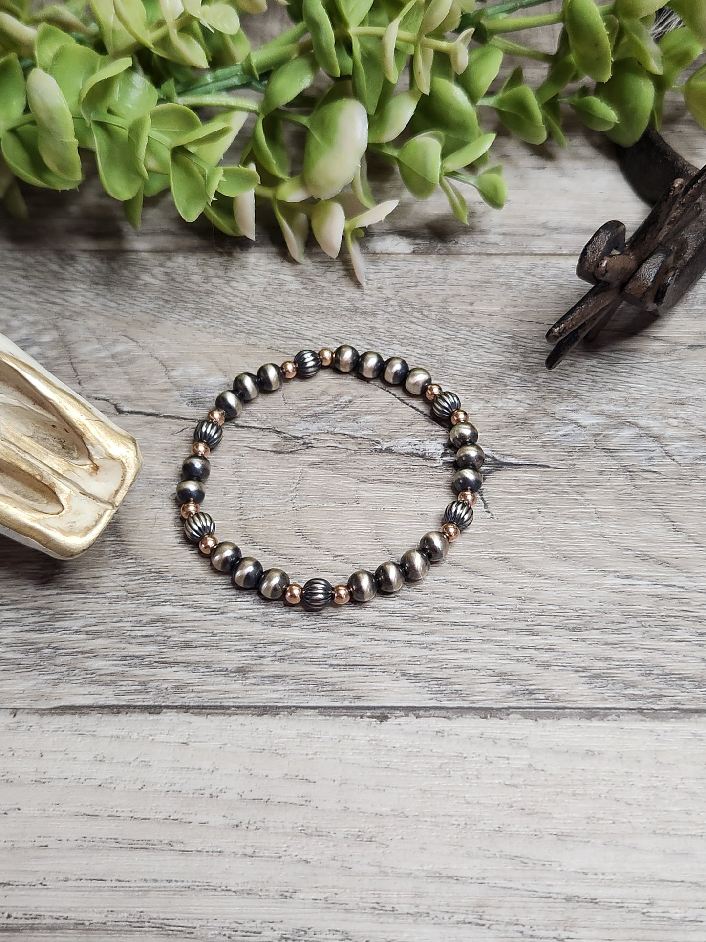 Rose Gold Filled & Sterling Silver Navajo Style Pearls.  Stretch Bracelet