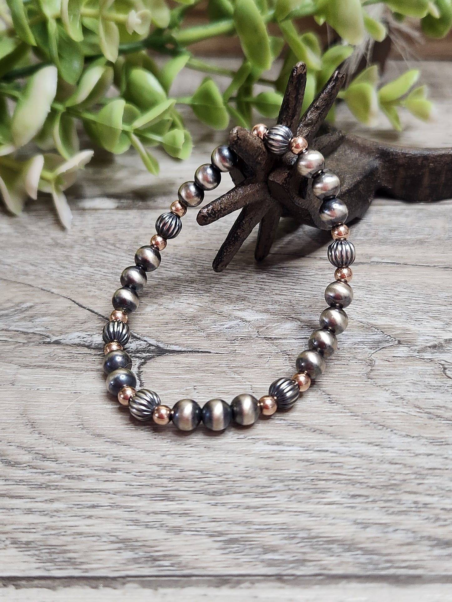 Rose Gold Filled & Sterling Silver Navajo Style Pearls.  Stretch Bracelet