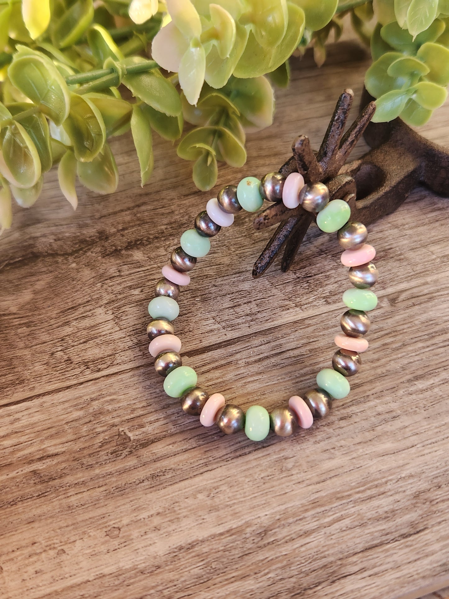 Green Opal, Pink Conch, & Sterling Silver Navajo Style Pearls. Stretch Bracelet