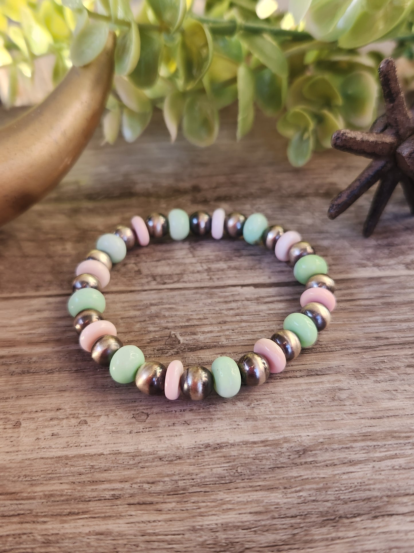Green Opal, Pink Conch, & Sterling Silver Navajo Style Pearls. Stretch Bracelet